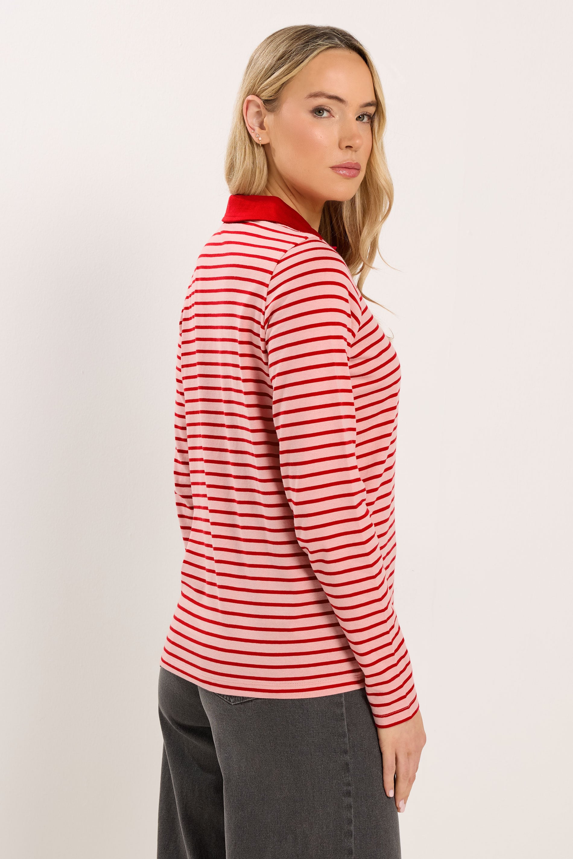 LTS Tall Women's Red and Pink Stripe Polo Cotton T-Shirt | Long Tall Sally 4