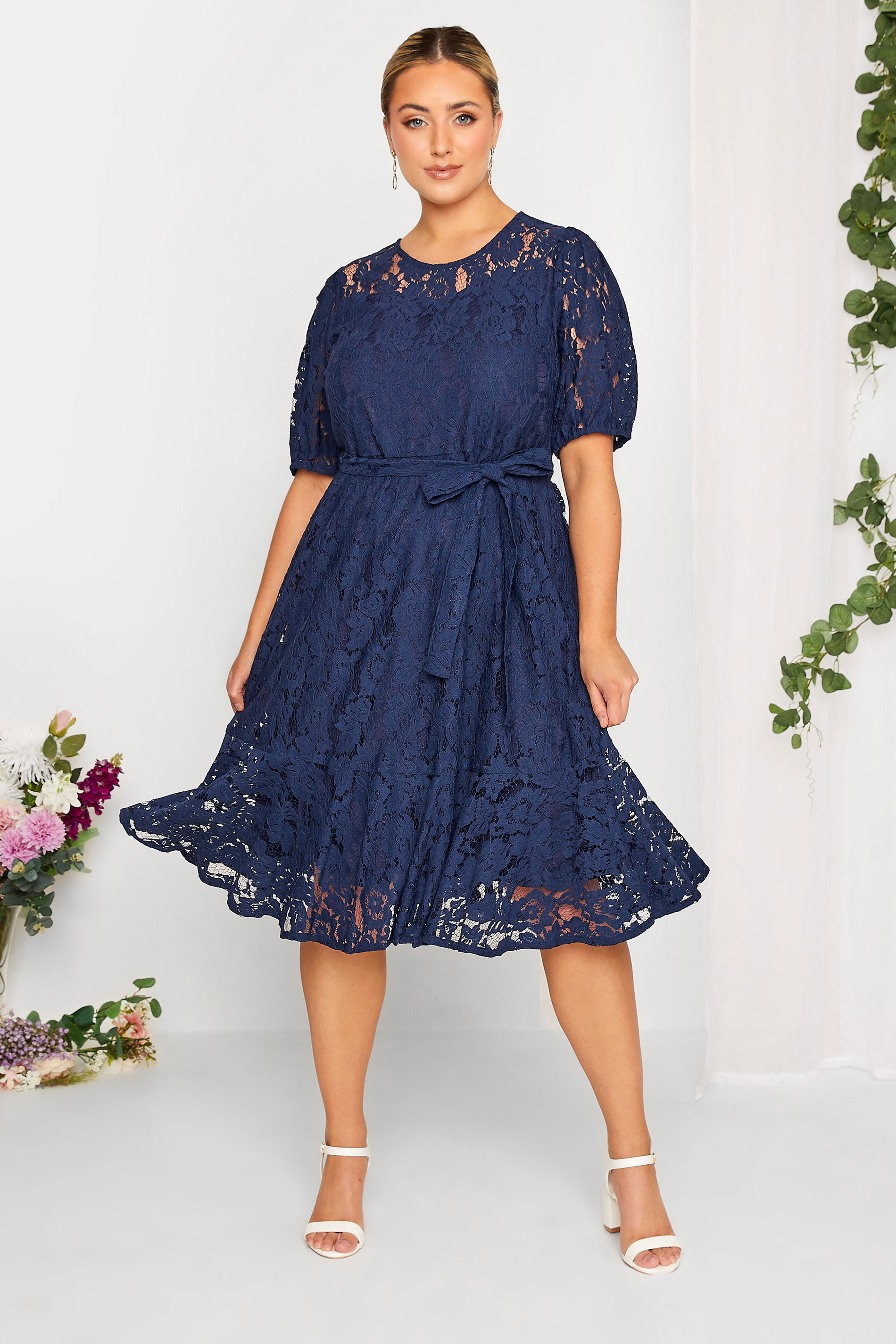 YOURS LONDON Plus Size Curve Navy Blue Floral Lace Skater Dress | Yours Clothing  1