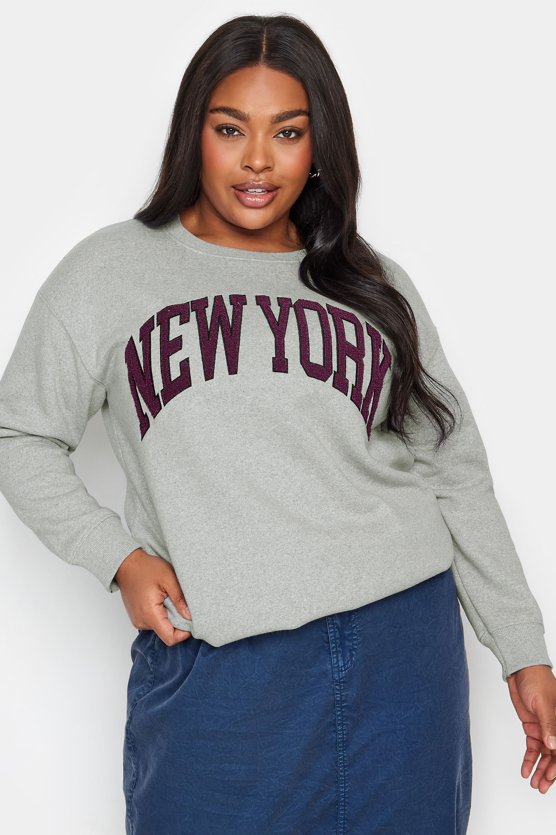 YOURS Plus Size Light Grey 'New York' Embroidered Slogan Sweatshirt | Yours Clothing 1