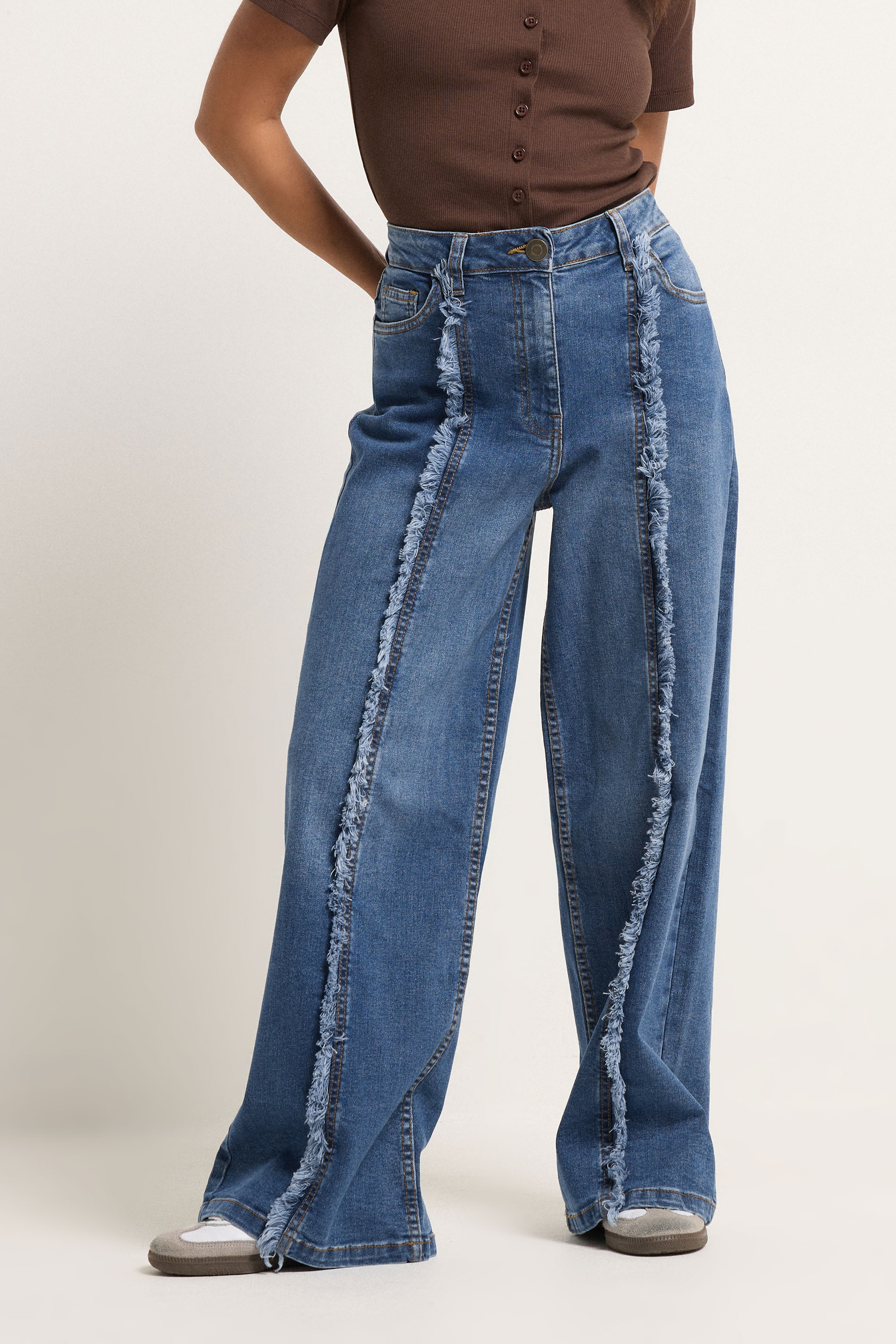 PixieGirl Petite Women's Mid Blue Frayed Seam Wide Leg Jeans | PixieGirl 2