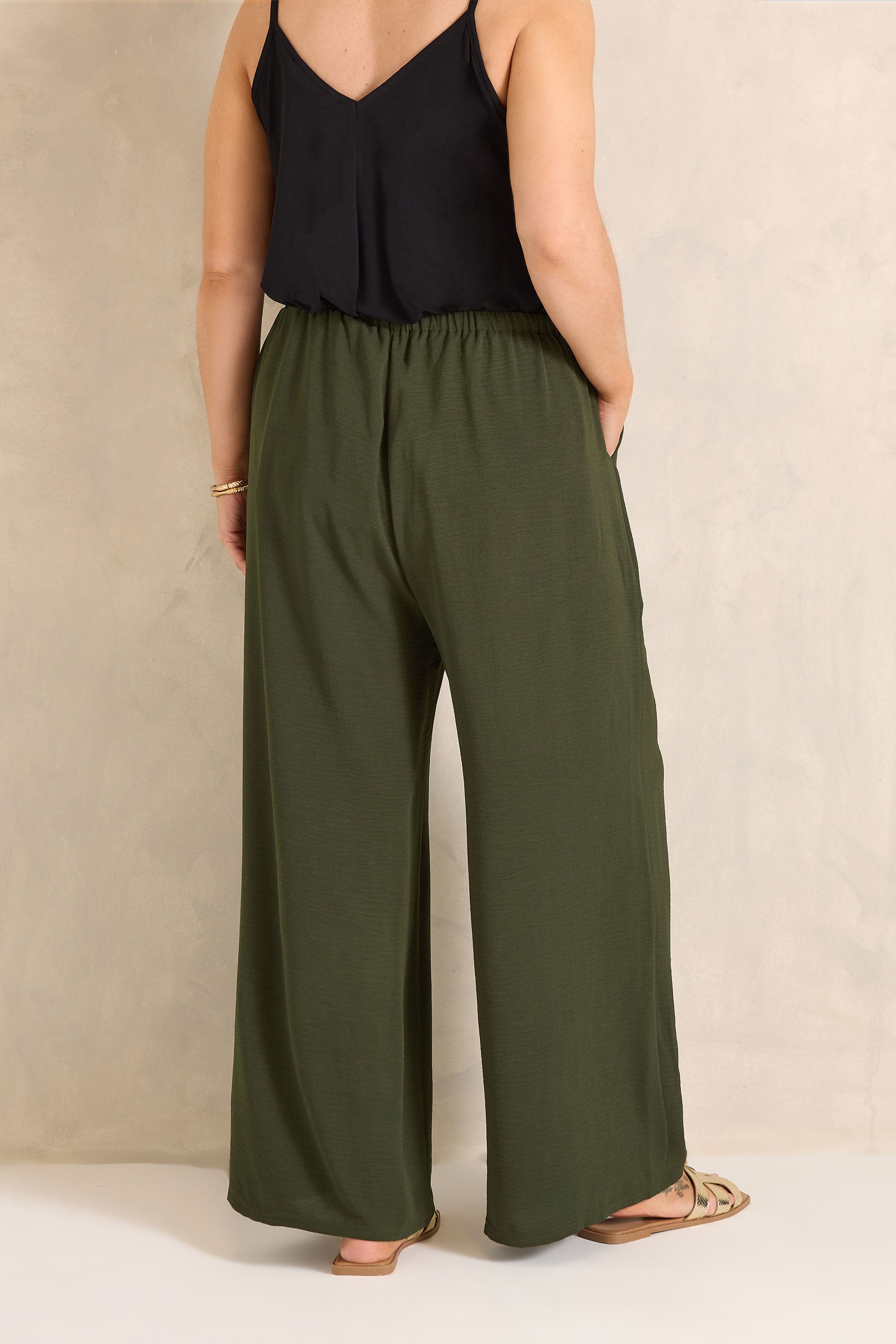 EVANS Plus Size Khaki Green Tie Waist Wide Leg Trousers | Evans  2
