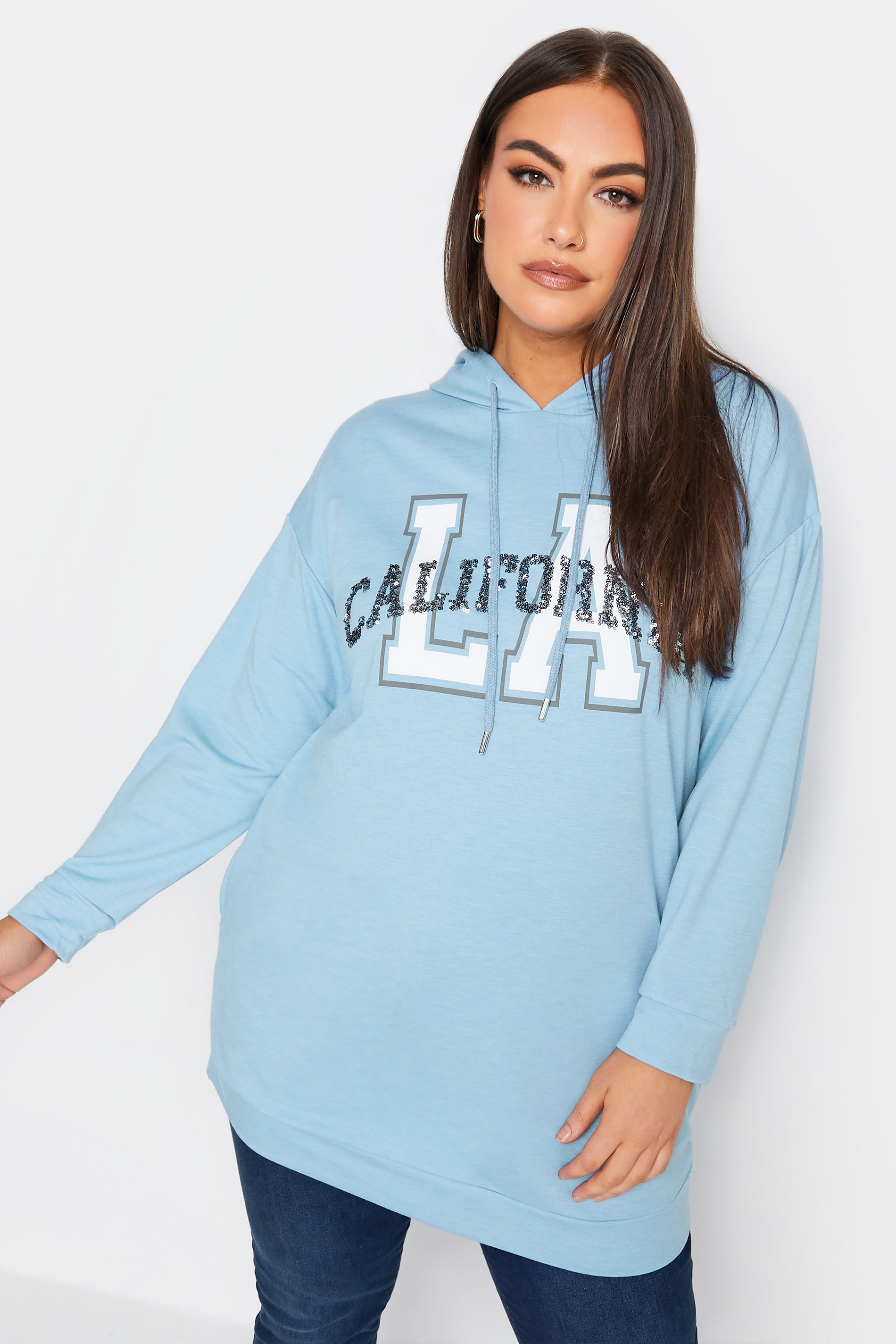 YOURS Plus Size Blue 'LA' Varsity Sequin Longline Hoodie | Yours Clothing 1
