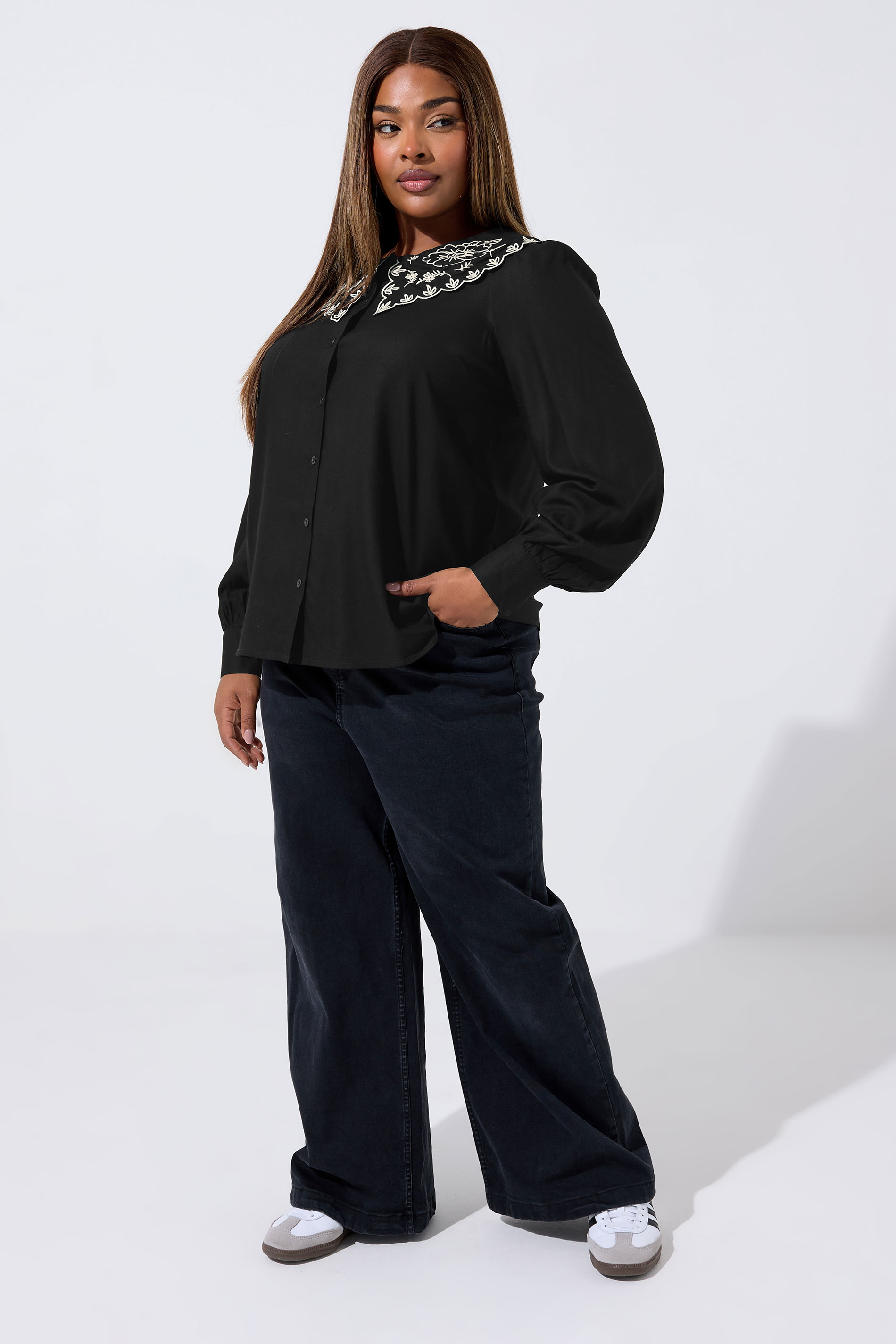 LIMITED COLLECTION Plus Size Black Embroidered Oversized Collar Top | Yours Clothing 1