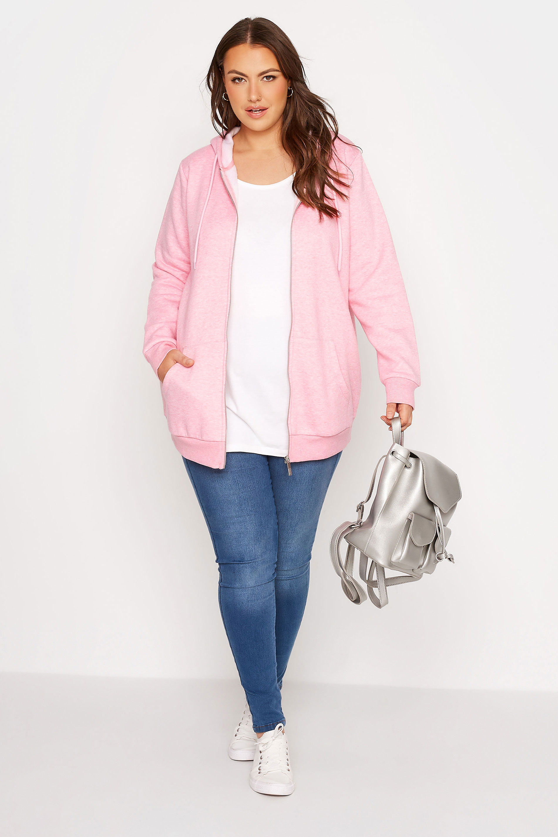 Plus Size Light Pink Marl Zip Through Hoodie | Yours Clothing  2