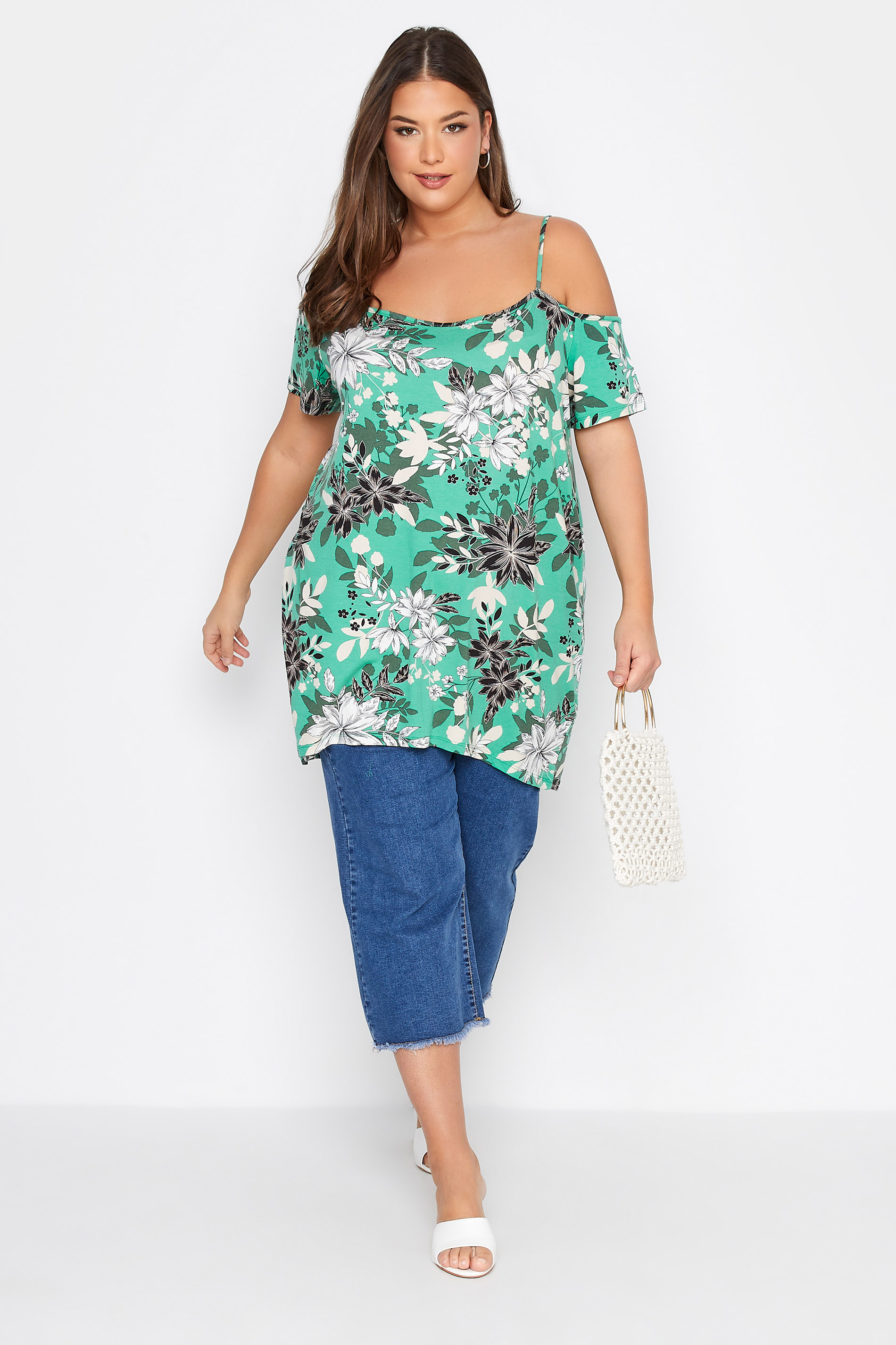 Grande taille  Tops Grande taille  Tops Épaules Ajourées & Style Bardot | Top Vert Tropical Floral Style Bardot - FD19314
