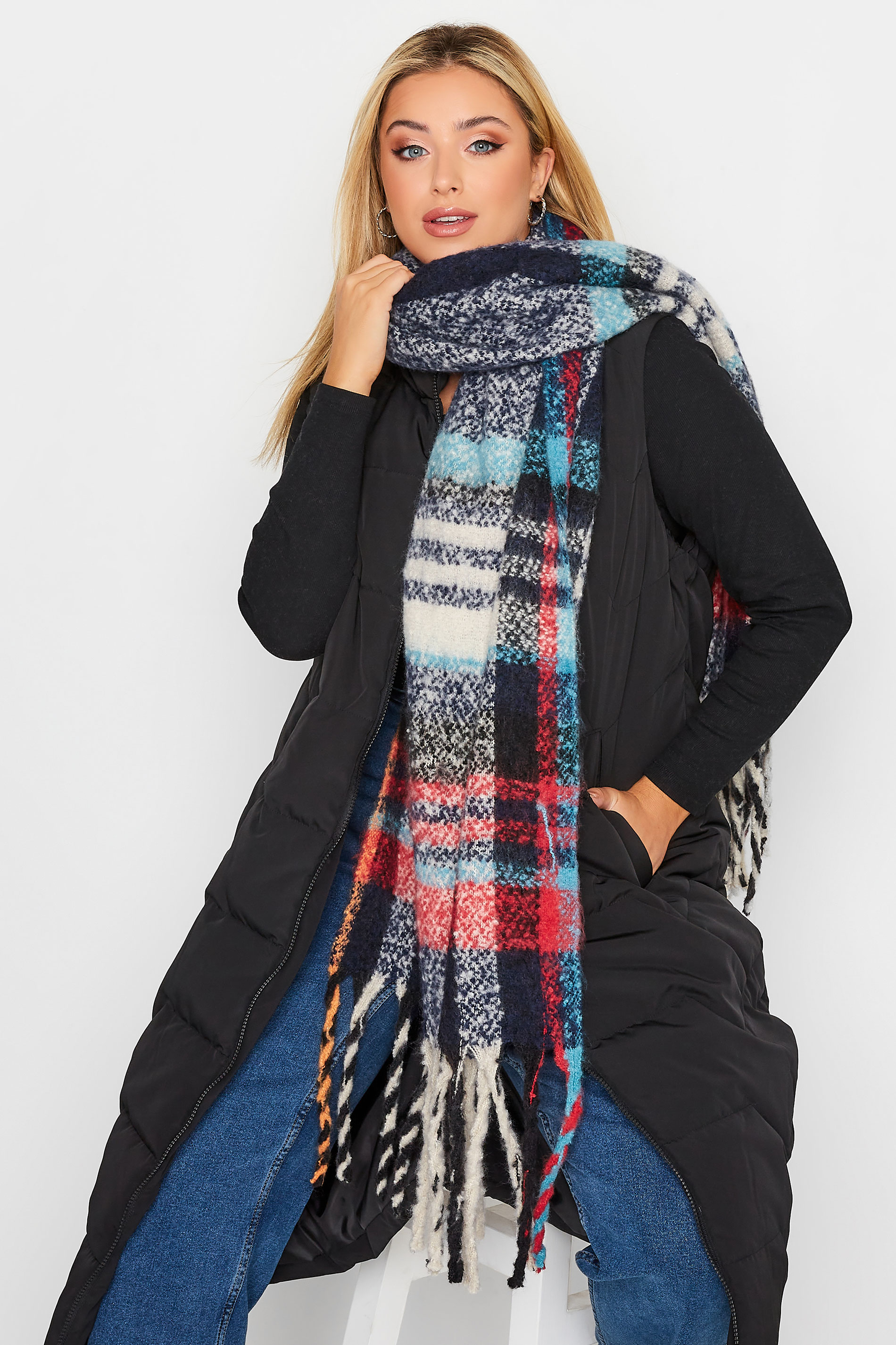 Blue & Black Check Chunky Tassel Scarf | Yours Clothing 1