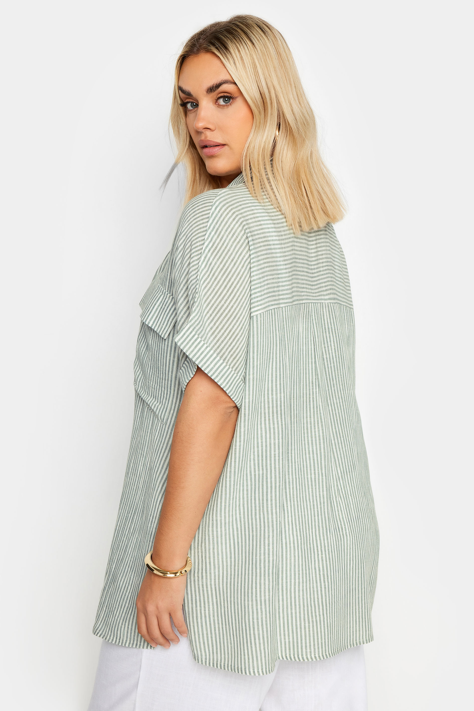 YOURS Plus Size Sage Green Stripe Linen Shirt | Yours Clothing