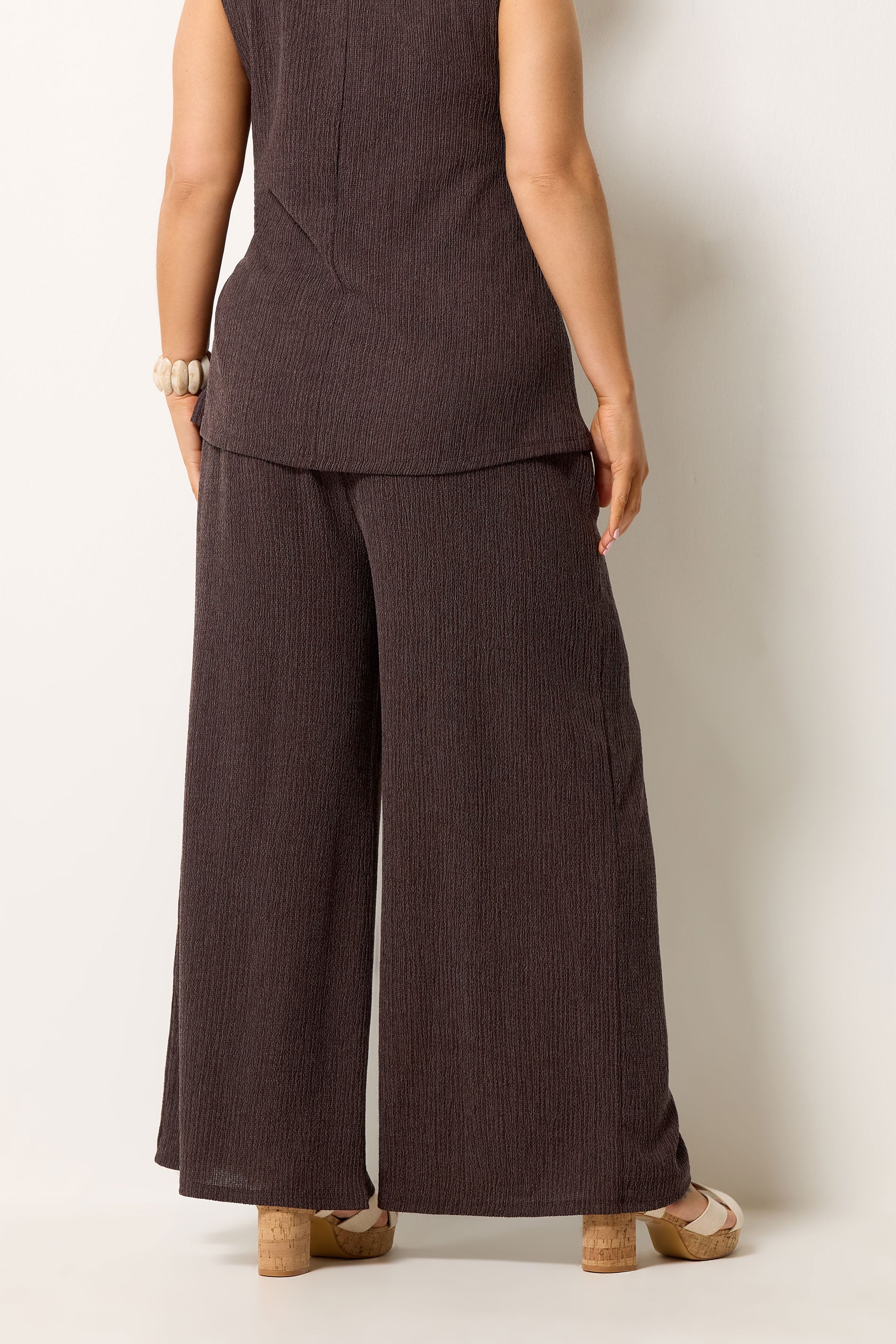YOURS Plus Size Chocolate Brown Wide Leg Textured Trousers | Yours Clothing 2