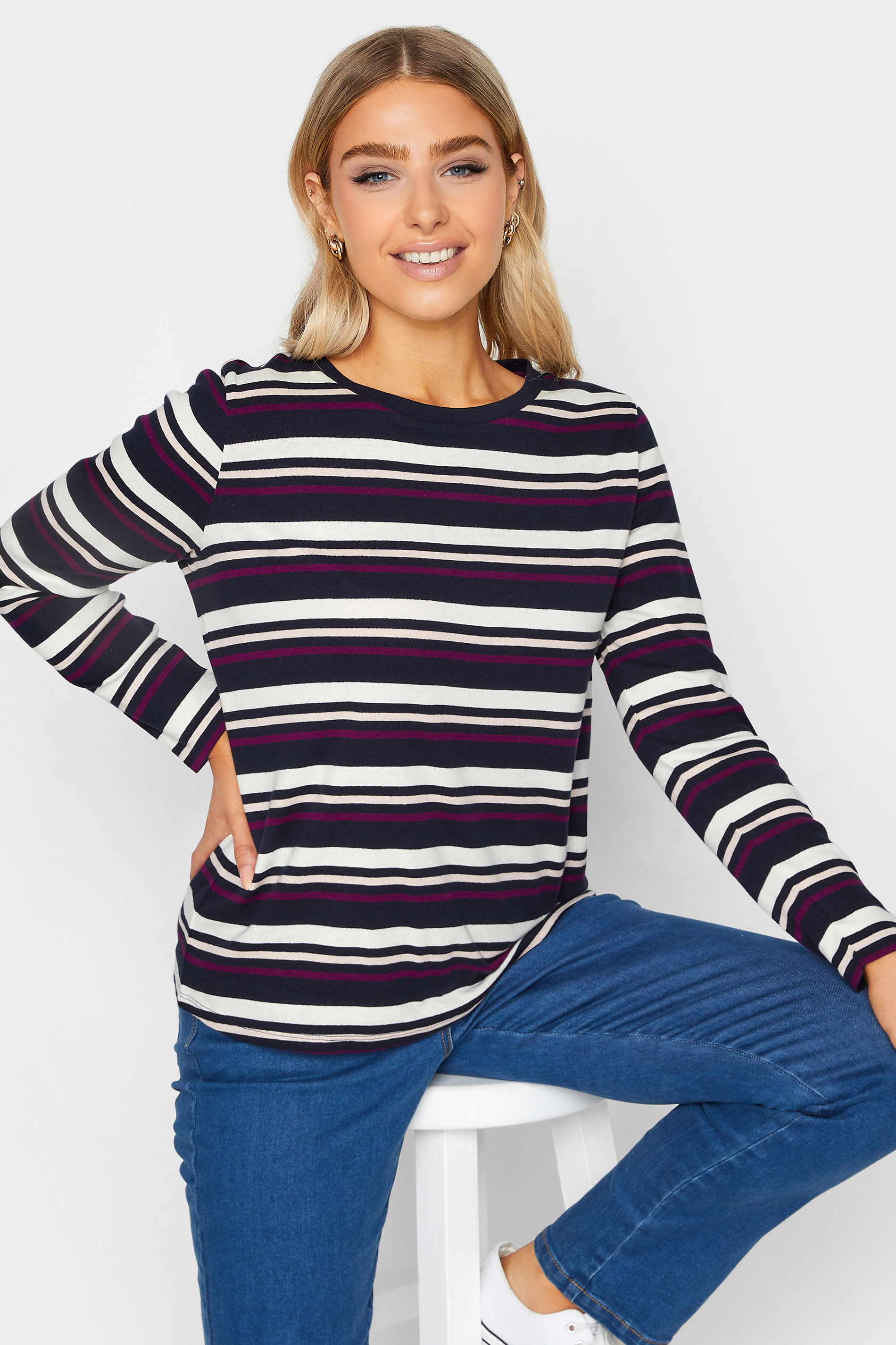 M&Co Navy Blue Stripe Long Sleeve Cotton T-Shirt | M&Co 1