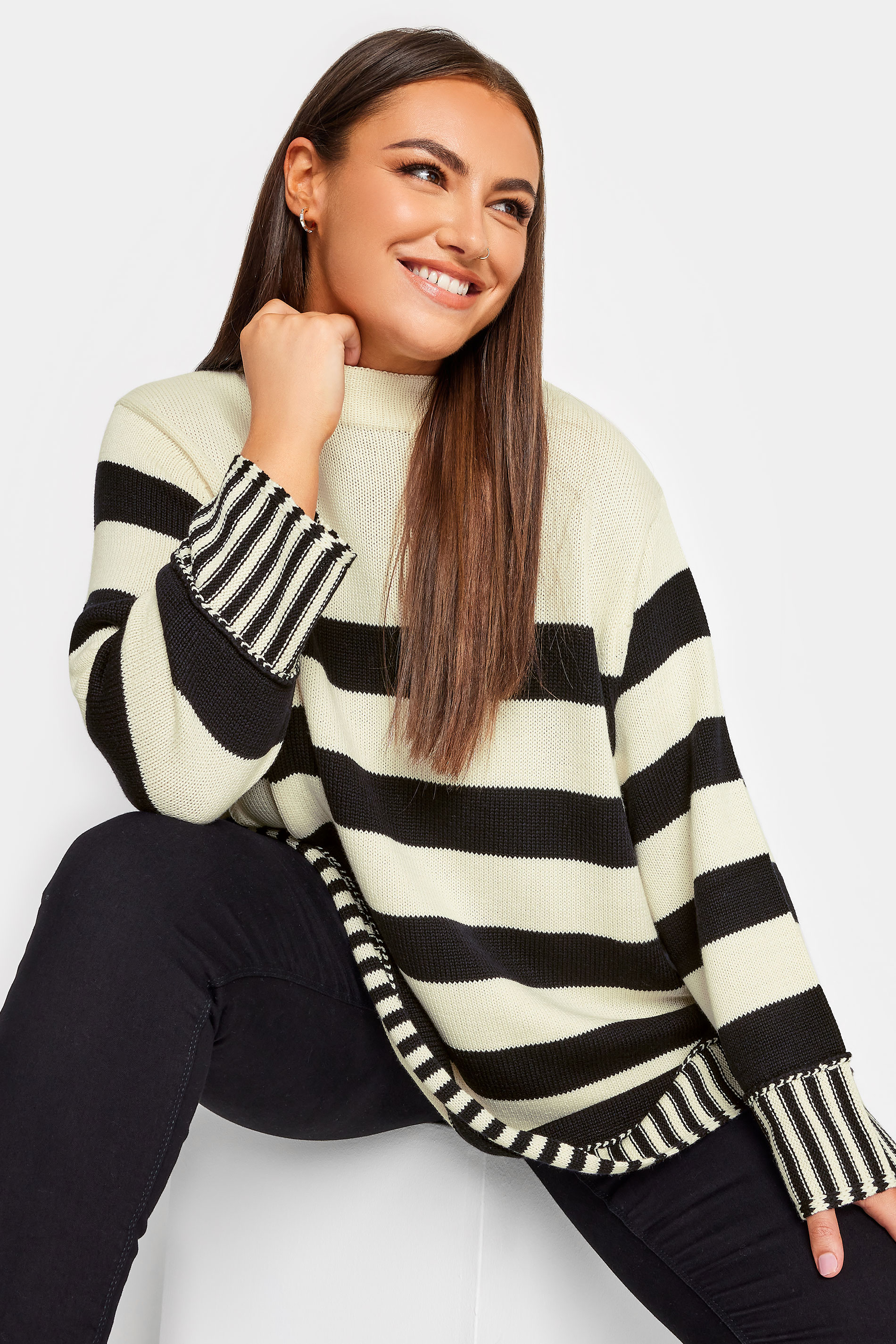 YOURS Plus Size White & Black Stripe Turtle Neck Knitted Jumper | Yours Clothing  1