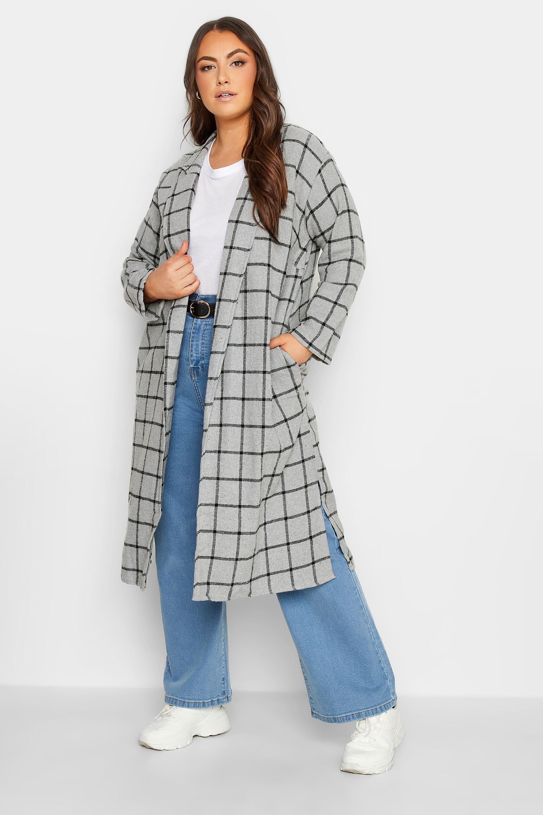 LIMITED COLLECTION Plus Size Curve Light Grey Check Long Duster Coat 1
