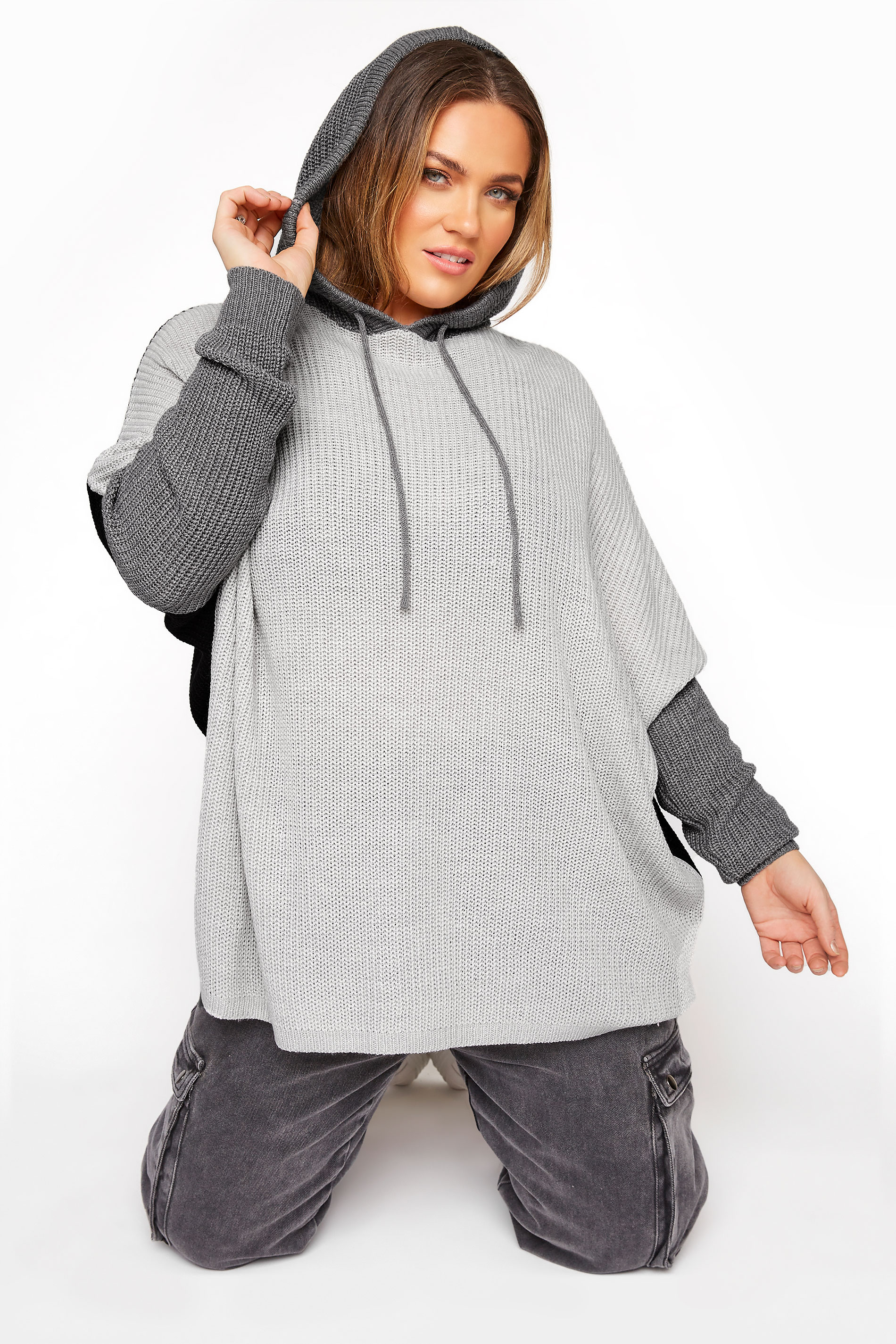 Grey Colour Block Oversized Knitted Hoodie Yours Clothing