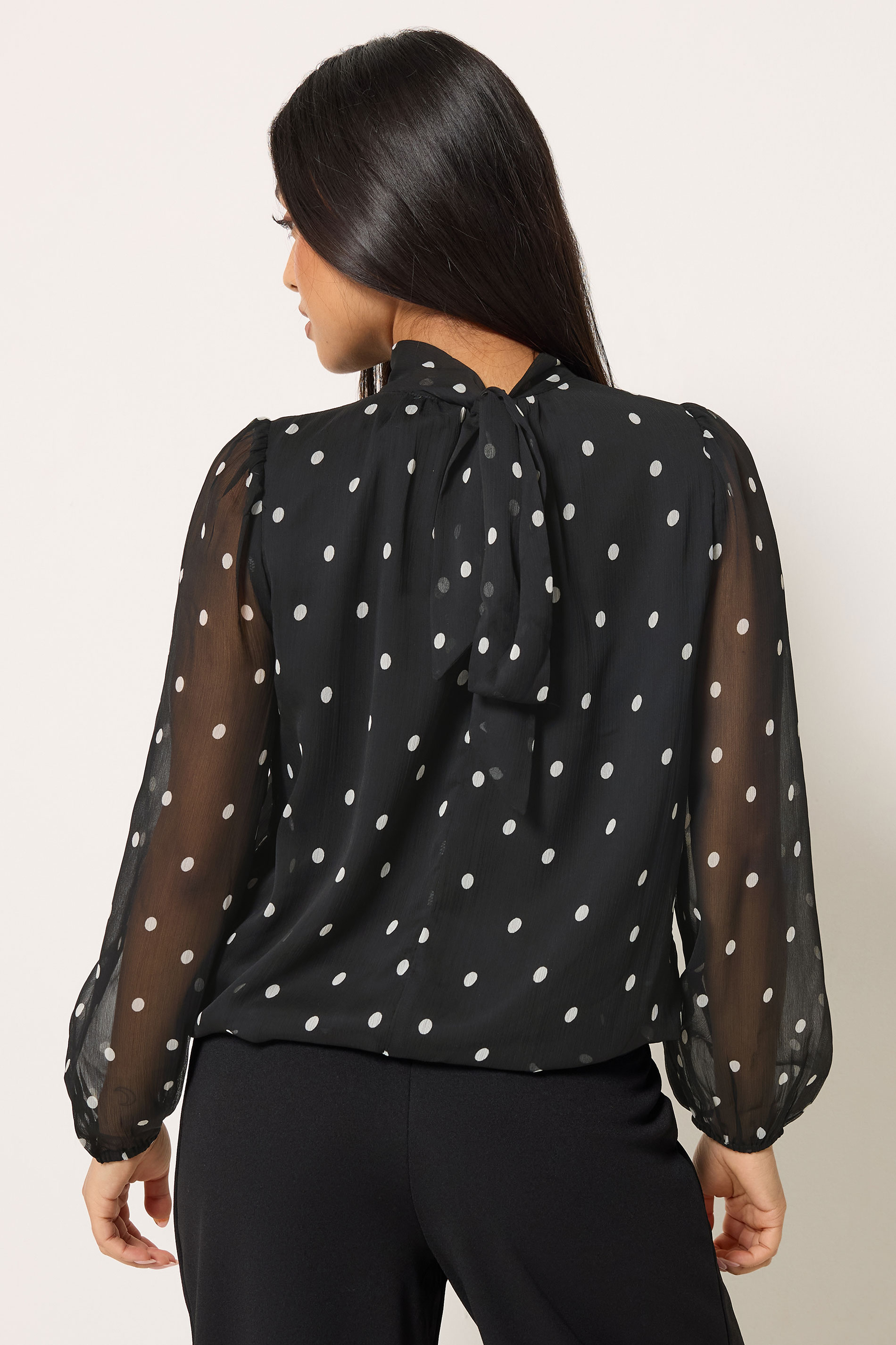 M&Co Petite Black Spot Print Tie Neck Chiffon Blouse | M&Co 2