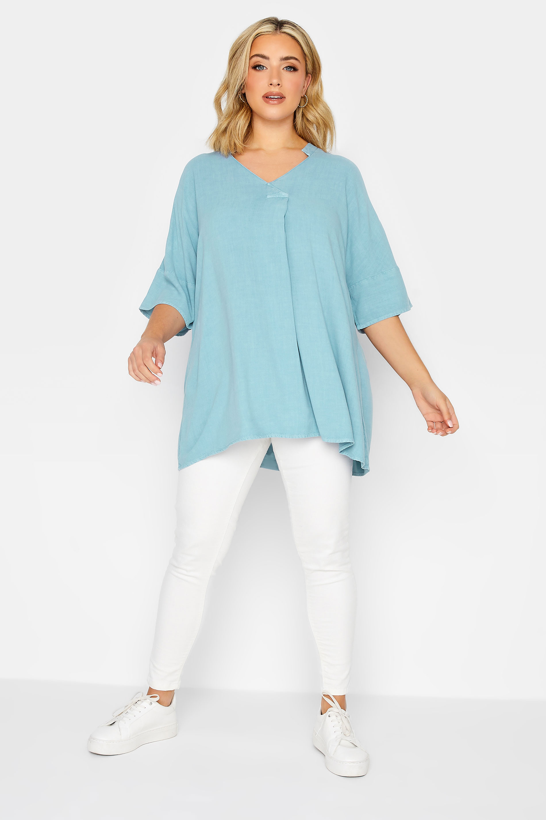 YOURS Curve Plus Size Blue Pleat Front Chambray Shirt | Yours Clothing  3