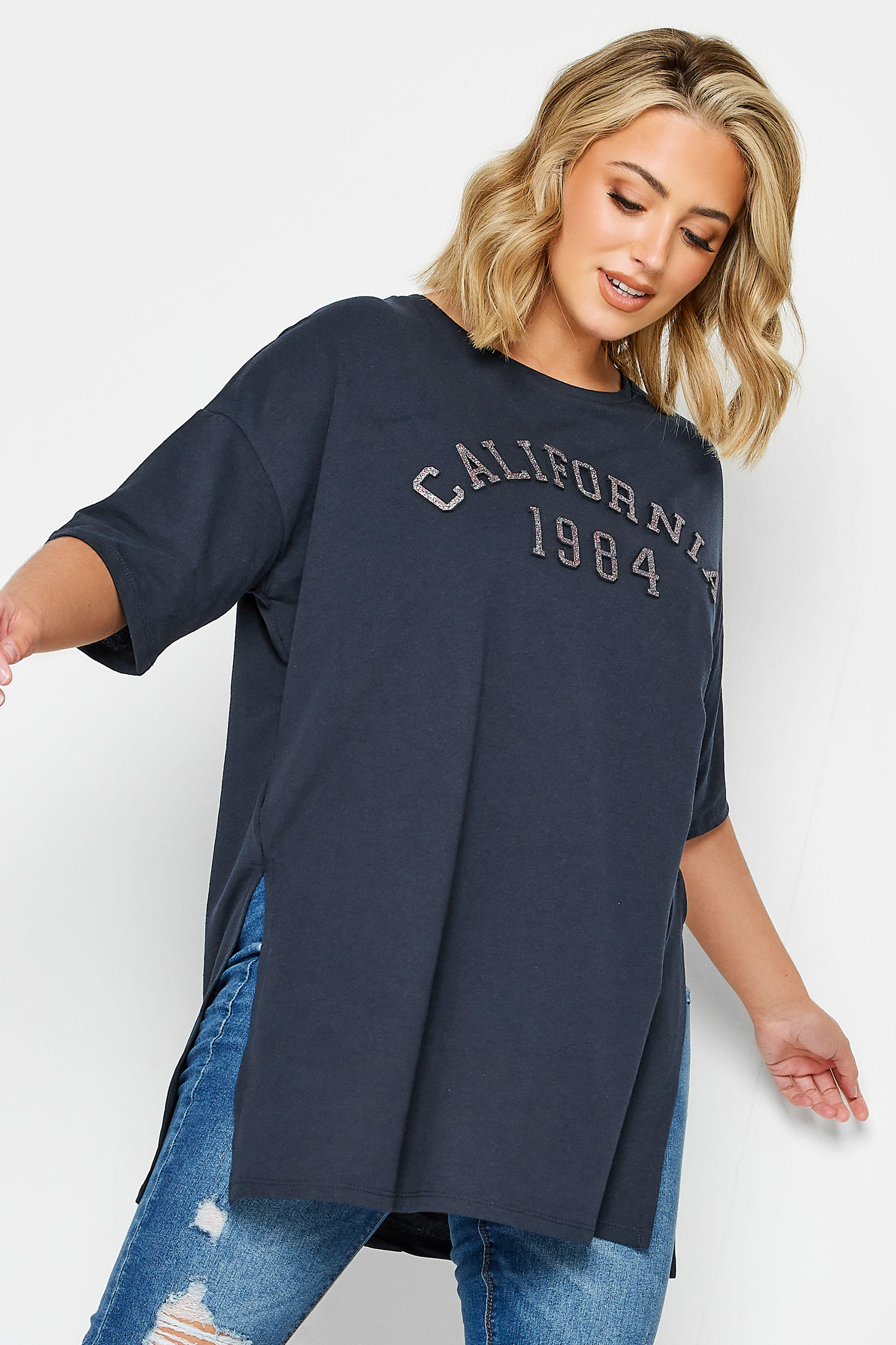 YOURS Curve Navy Blue 'California' Glitter Embossed T-Shirt | Yours Clothing  1
