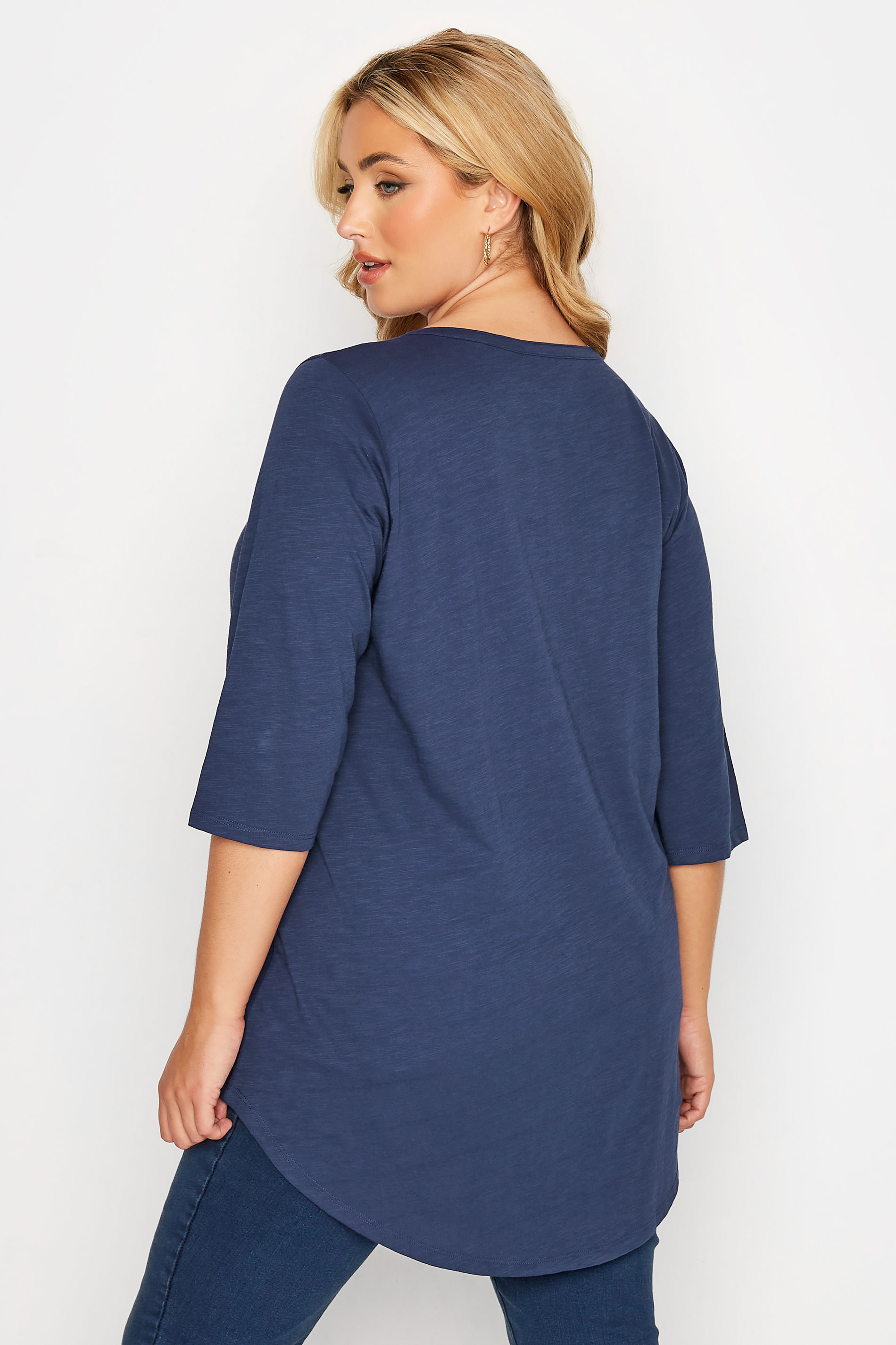 YOURS Curve Plus Size Denim Blue Pintuck Henley T-Shirt | Yours Clothing  3