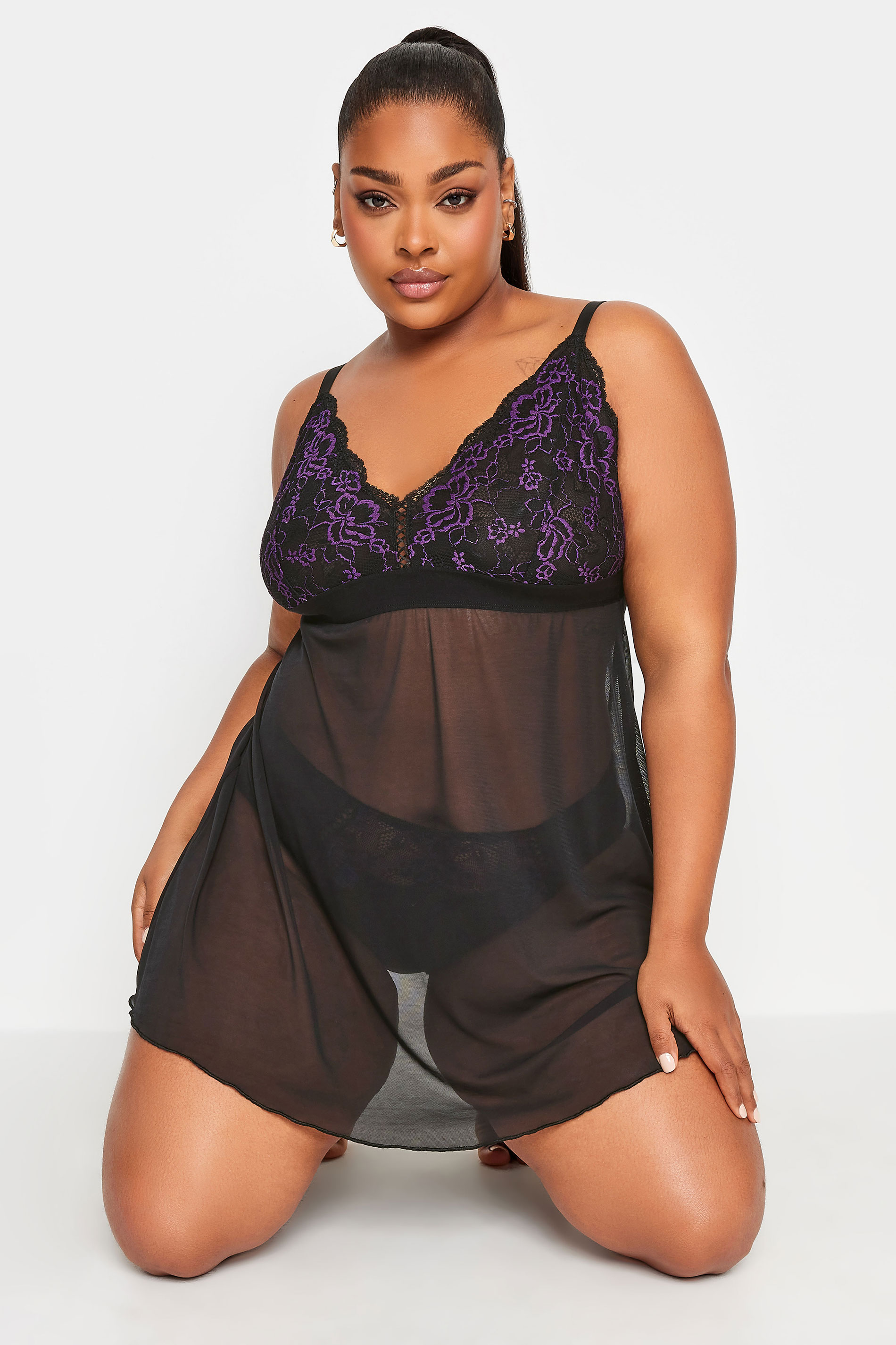 YOURS Plus Size Black Mesh Lace Detail Non-padded Babydoll | Yours Clothing 1