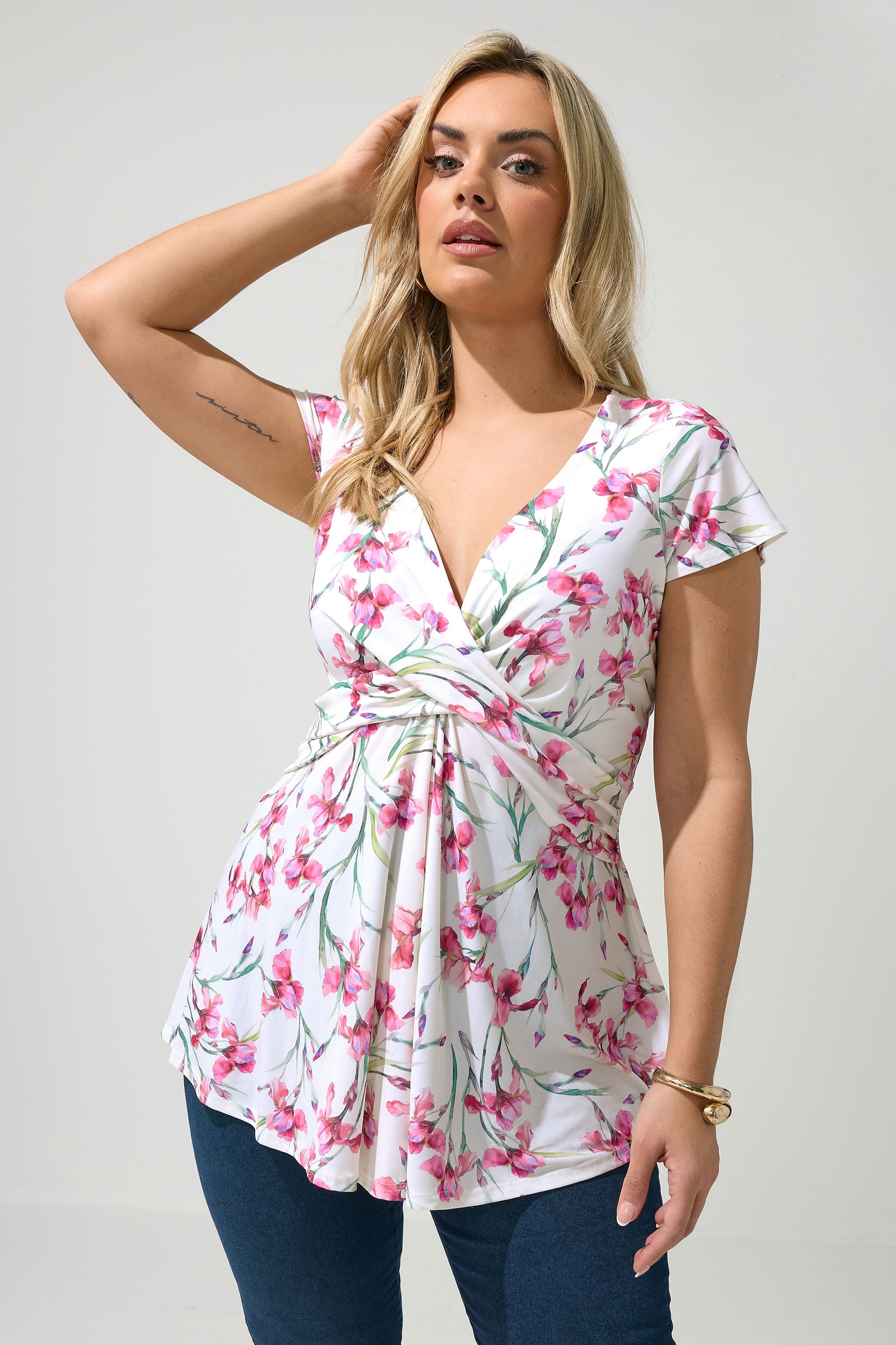 YOURS LONDON Plus Size White Floral Print Wrap Front Top | Yours Clothing 3