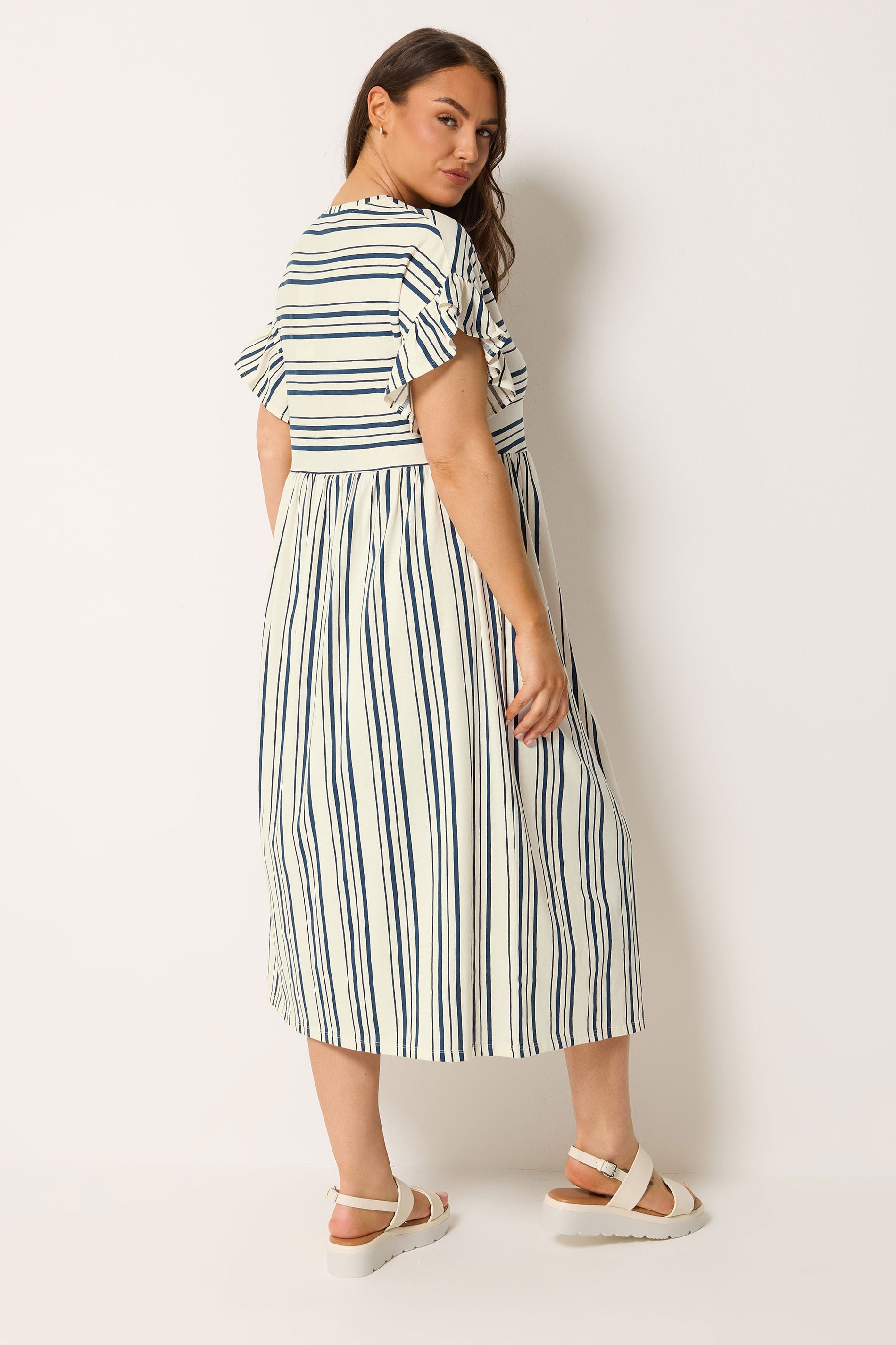 YOURS Plus Size Ivory White Stripe Frill Sleeve Dress | Yours Clothing 2