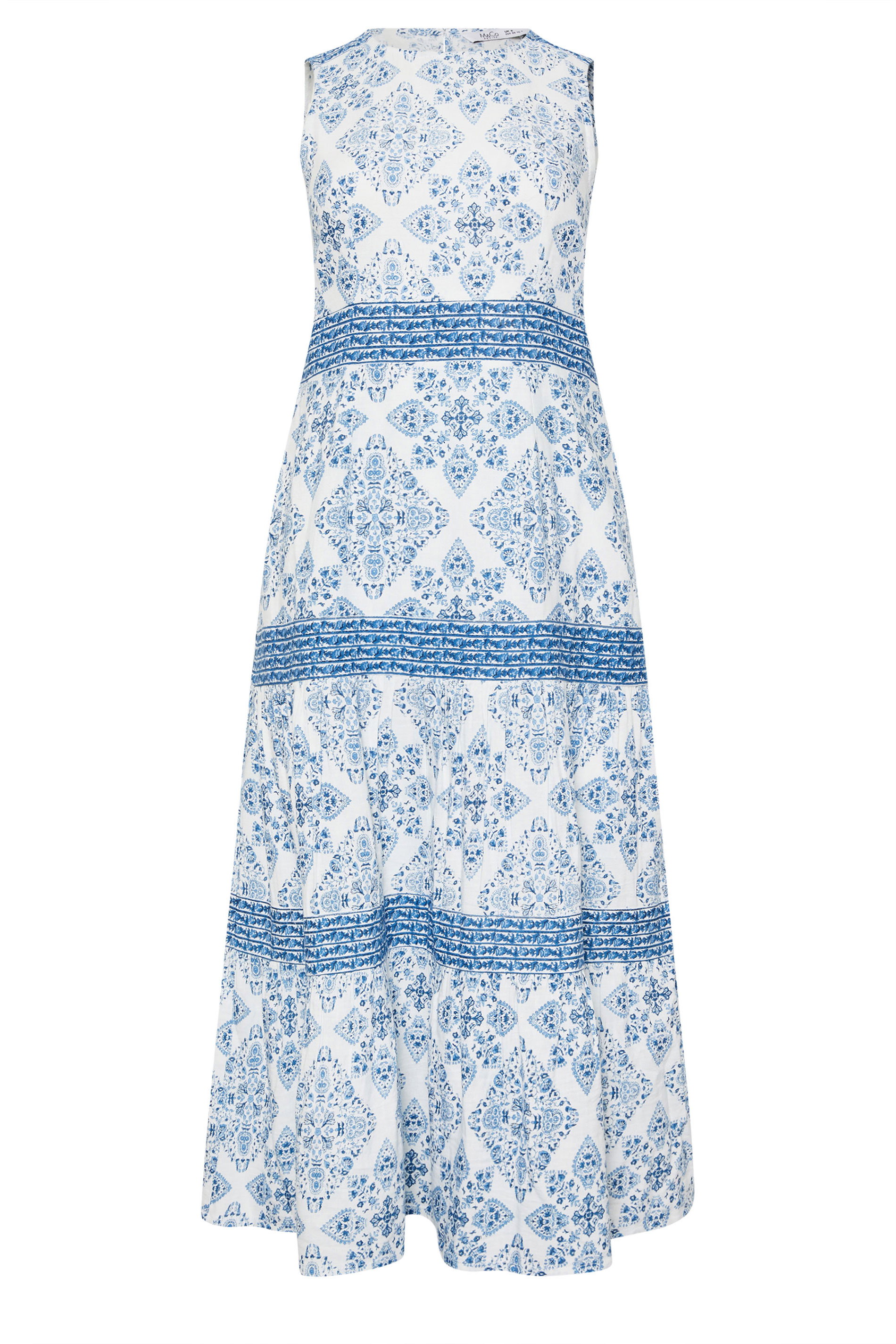 M&Co Petite Light Blue Tile Print Tiered Midi Dress | M&Co 5