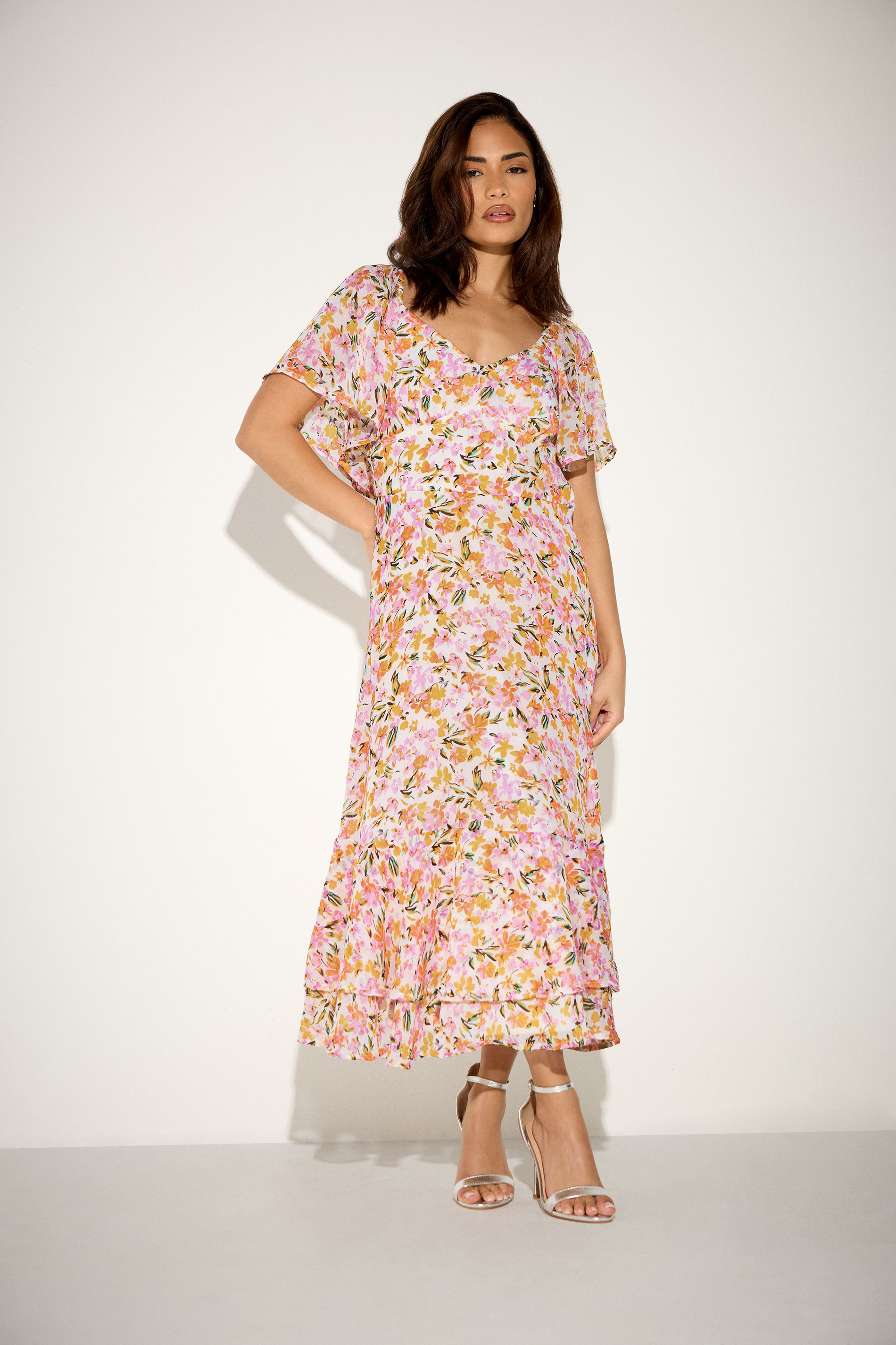 PixieGirl Petite Women's Pink Floral Chiffon Midi Dress | PixieGirl 3