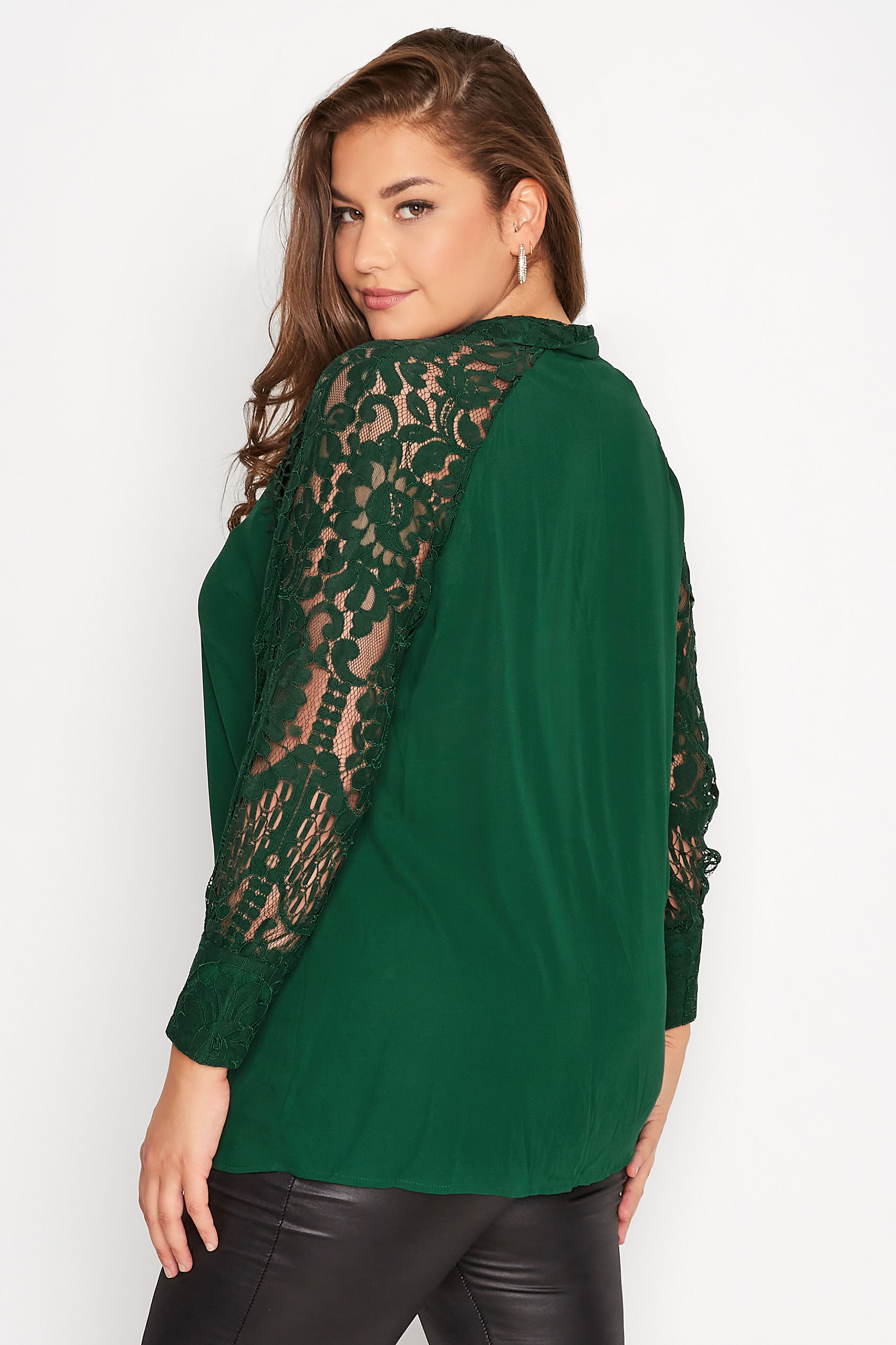 YOURS LONDON Plus Size Green Lace Sleeve Shirt | Yours Clothing 3