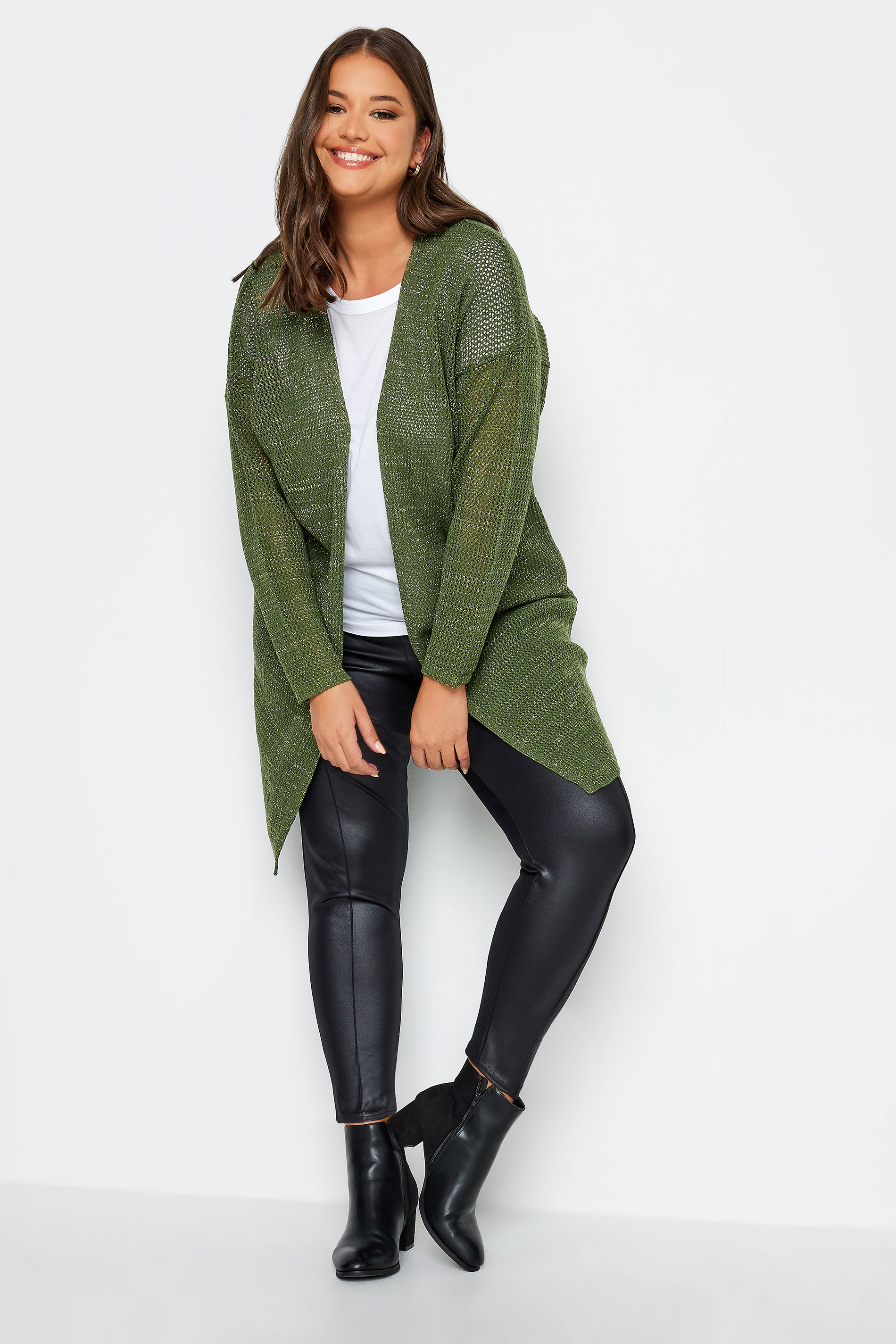 YOURS Curve Plus Size Khaki Green Metallic Knit Cardigan | Yours Clothing  2