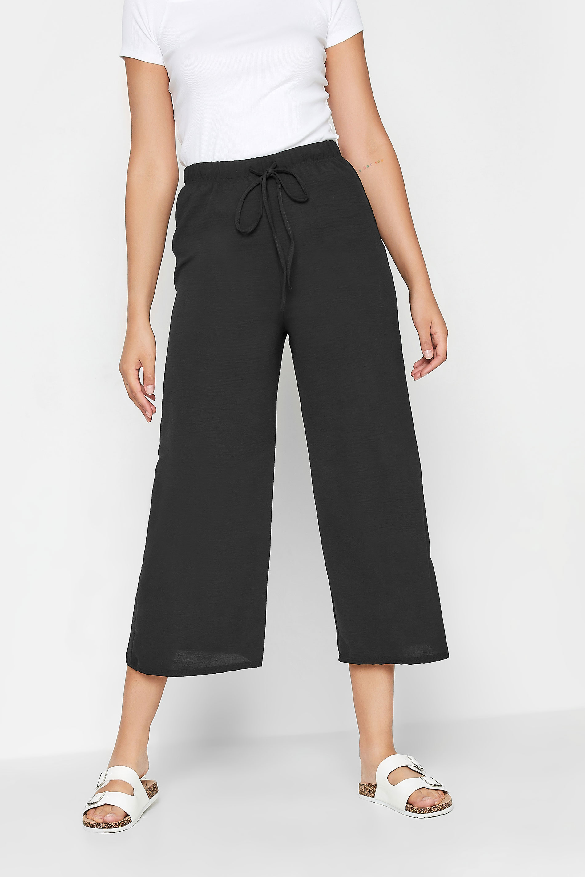 LTS Tall Black Crepe Wide Leg Cropped Trousers | Long Tall Sally 1