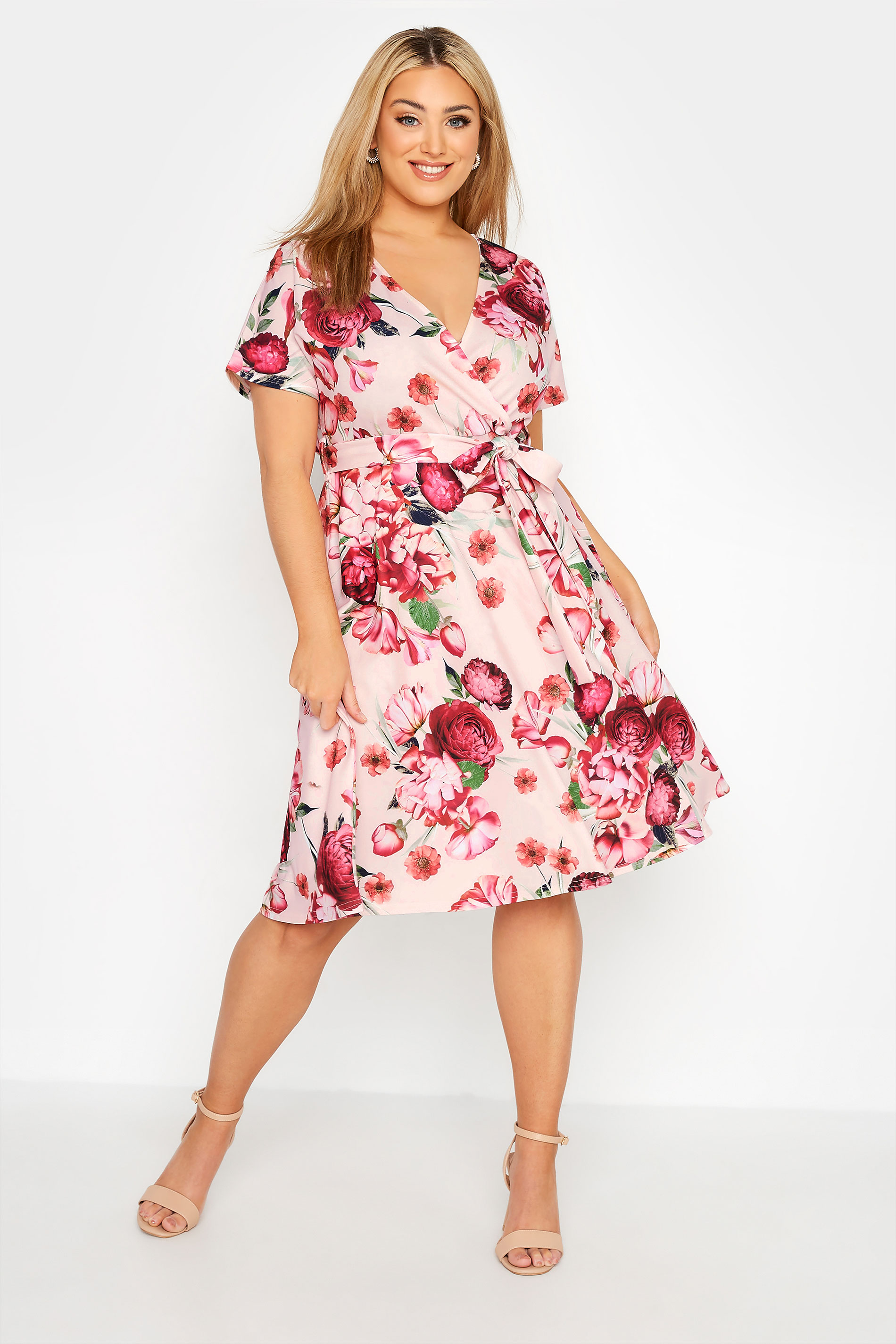 Robes Grande Taille Grande taille  Robes Imprimé Floral | YOURS LONDON - Robe Rose Poudré & Fushia Floral Cache-Coeur - TF55094