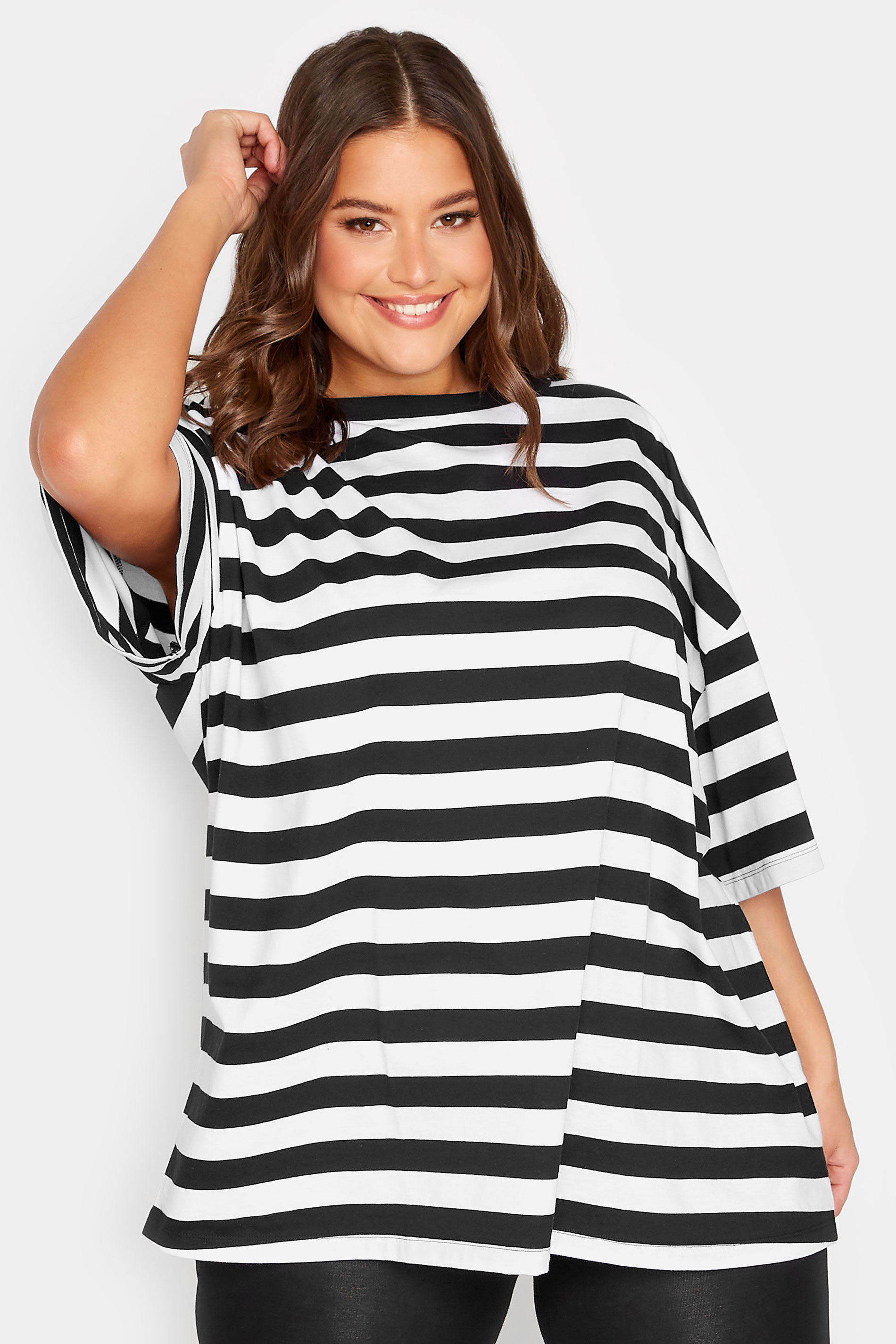 YOURS Plus Size Curve Black Stripe Oversized Boxy T-Shirt | Yours Clothing  1