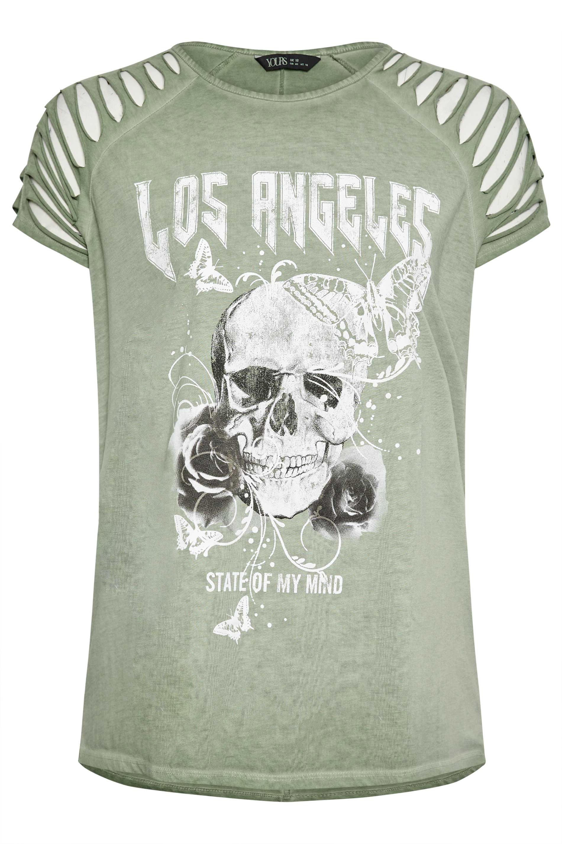 YOURS Plus Size Green Skull Print T-Shirt | Yours Clothing