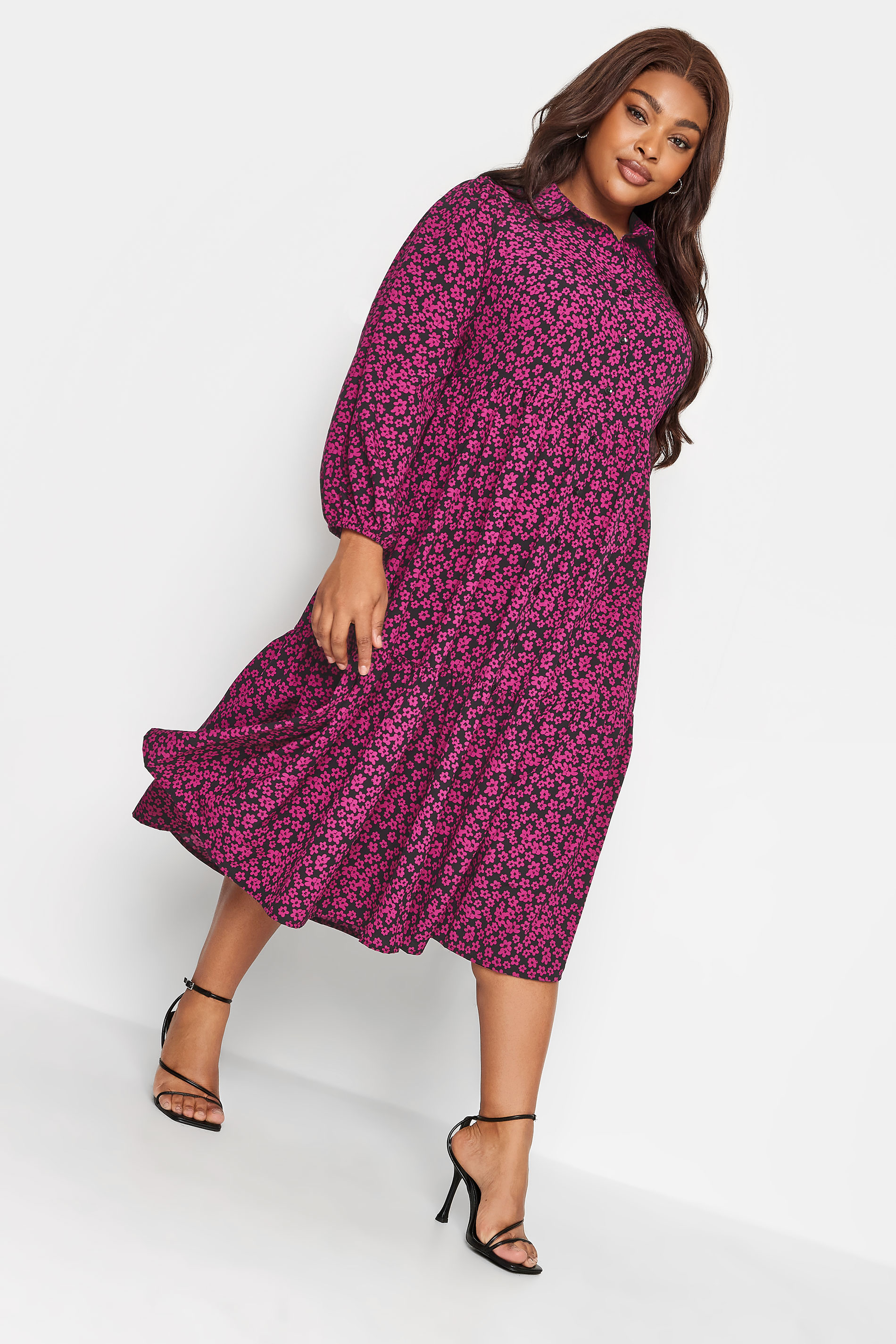 YOURS Plus Size Pink Floral Print Button Through Midi Dress | Yours Clothing 1