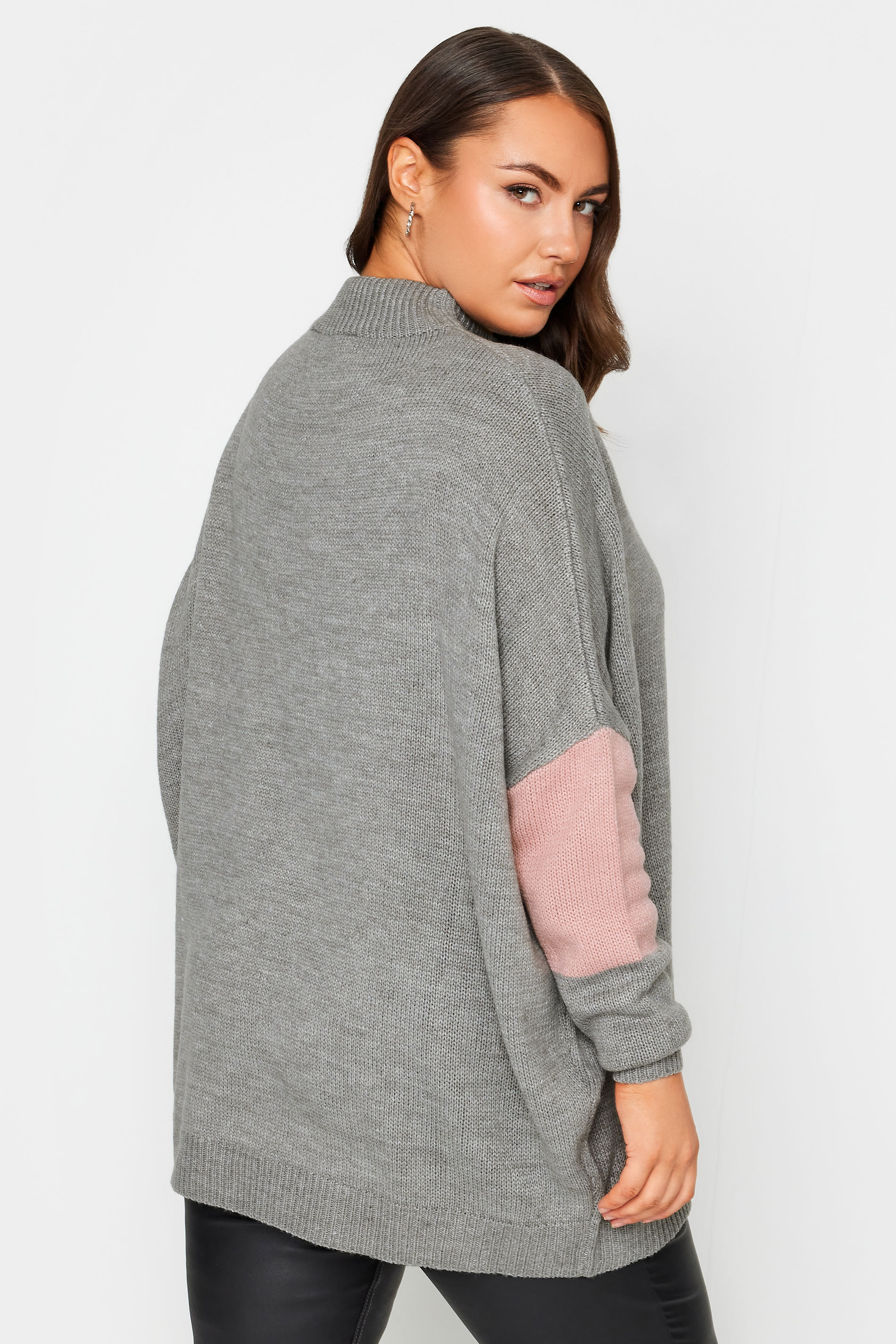 YOURS Plus Size Grey & Pink Colourblock Knitted Jumper | Yours Clothing 3