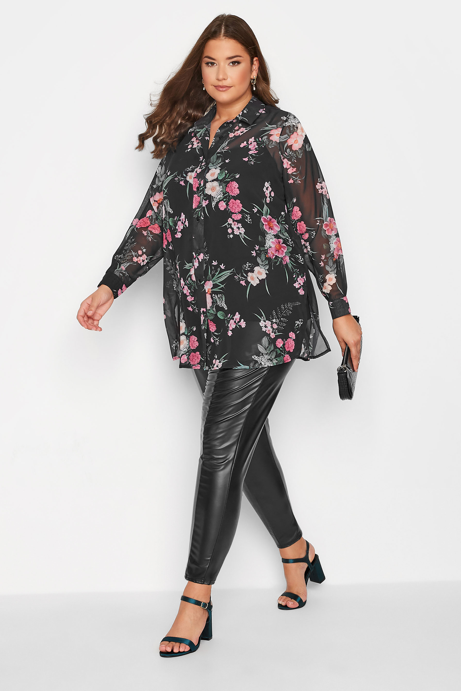 YOURS LONDON Curve Black Floral Chiffon Shirt | Yours Clothing 2