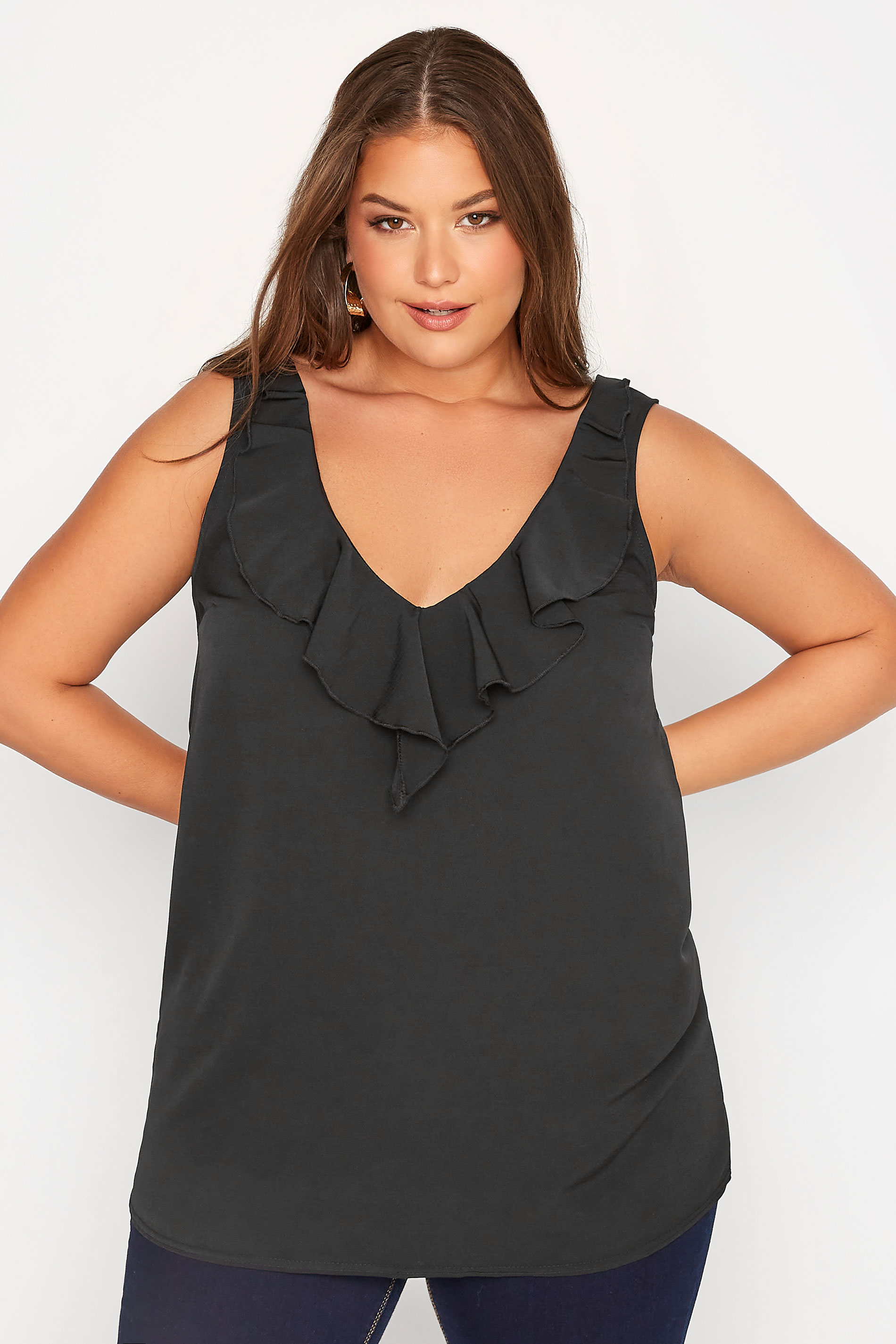 YOURS LONDON Plus Size Black Ruffle Vest Top | Yours Clothing 1