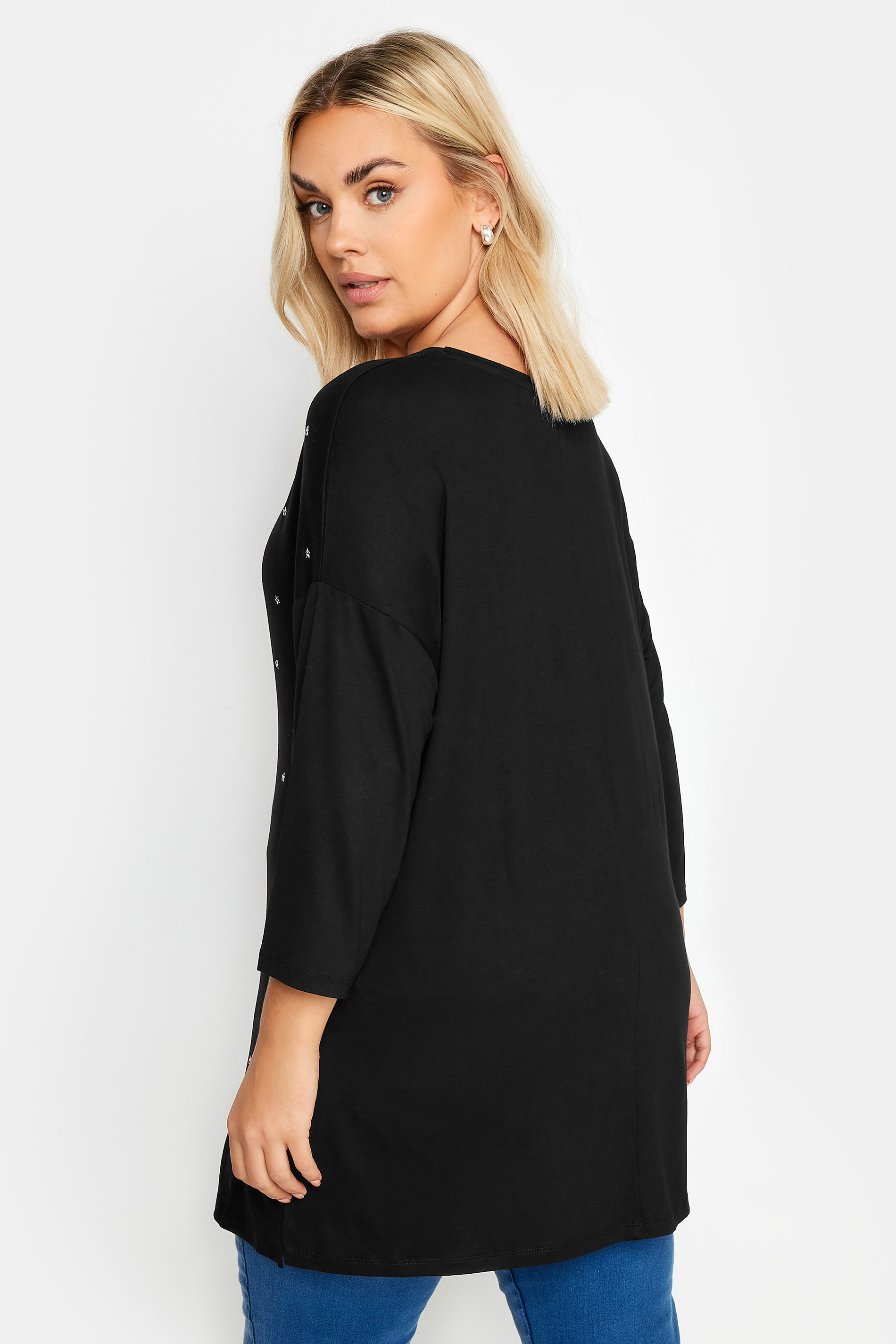 YOURS Plus Size Black Star Embellished Swing Top | Yours Clothing