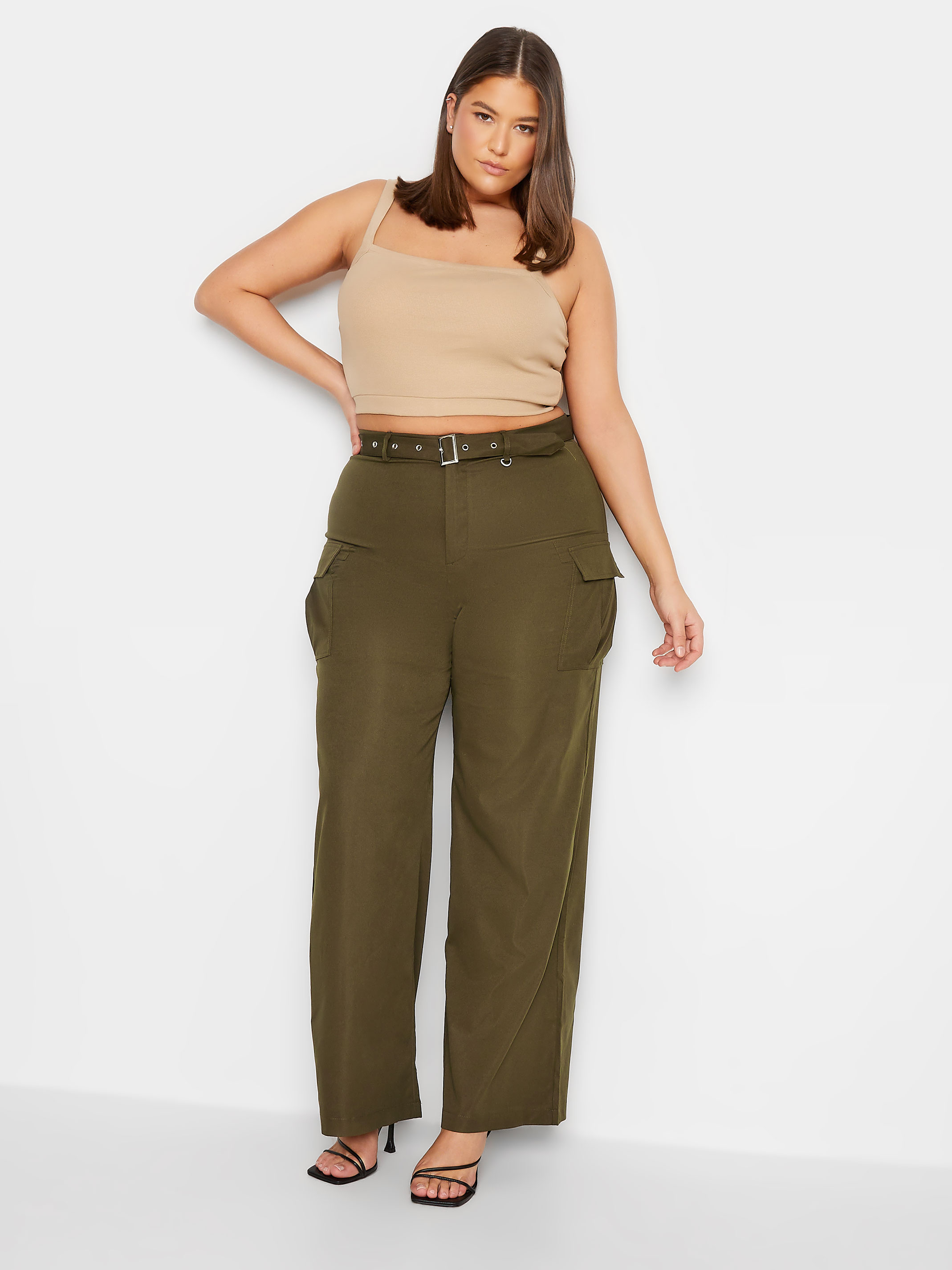 LTS Tall Khaki Green Belted Wide Leg Cargo Trousers | Long Tall Sally 1