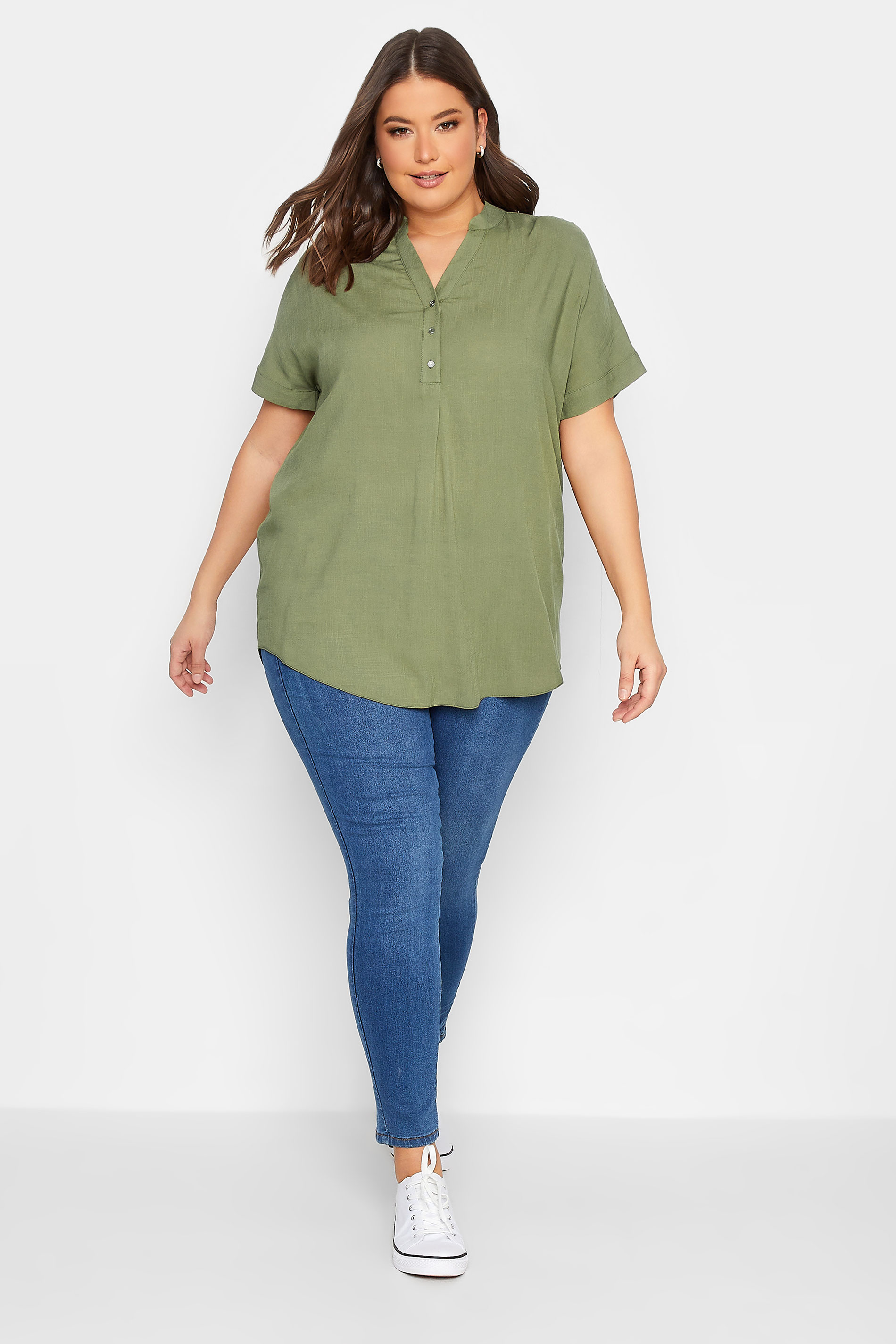 YOURS Plus Size Khaki Green Half Placket Blouse | Yours Clothing 2