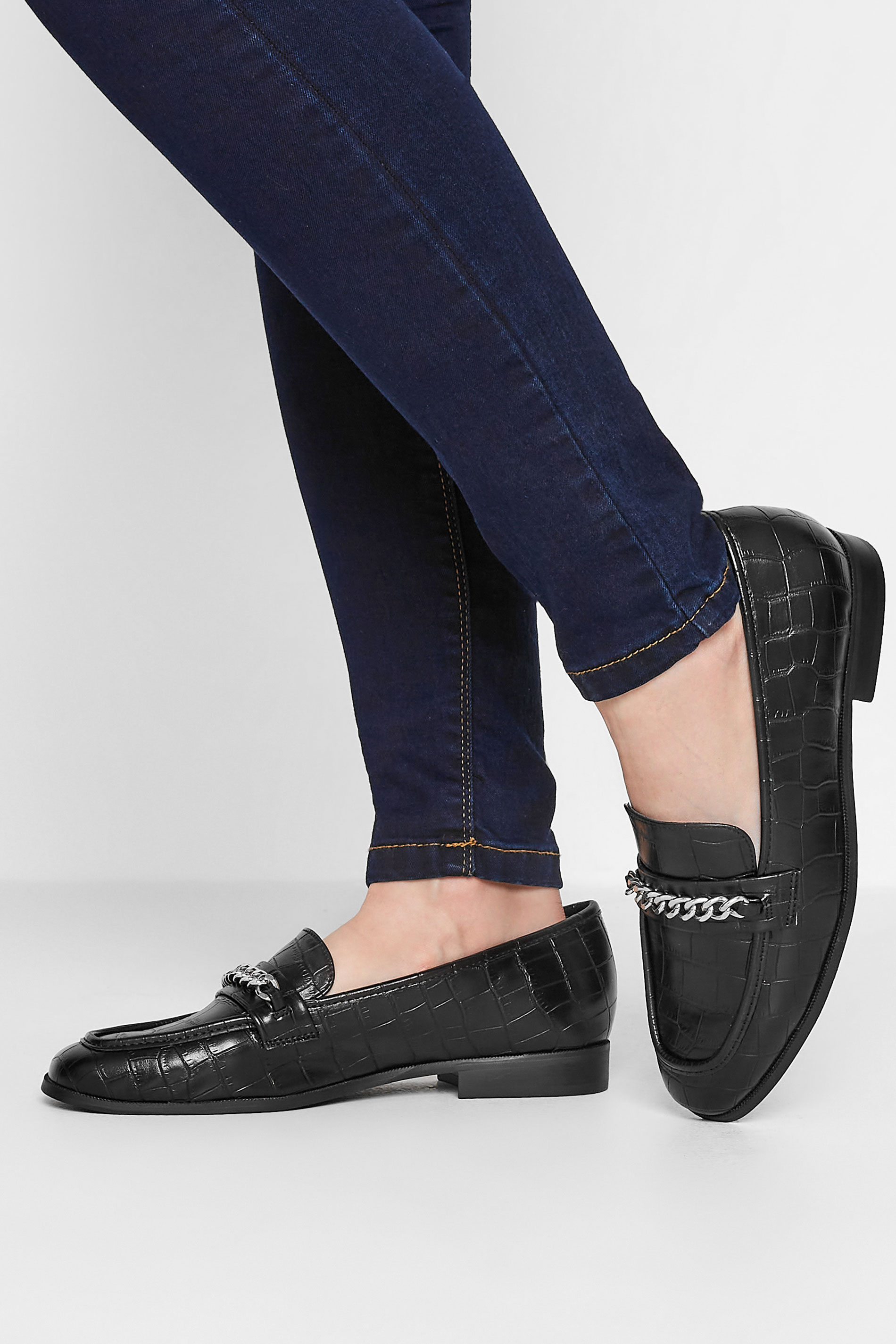 LTS Black Croc Chain Detail Loafers In Standard D Fit | Long Tall Sally  1