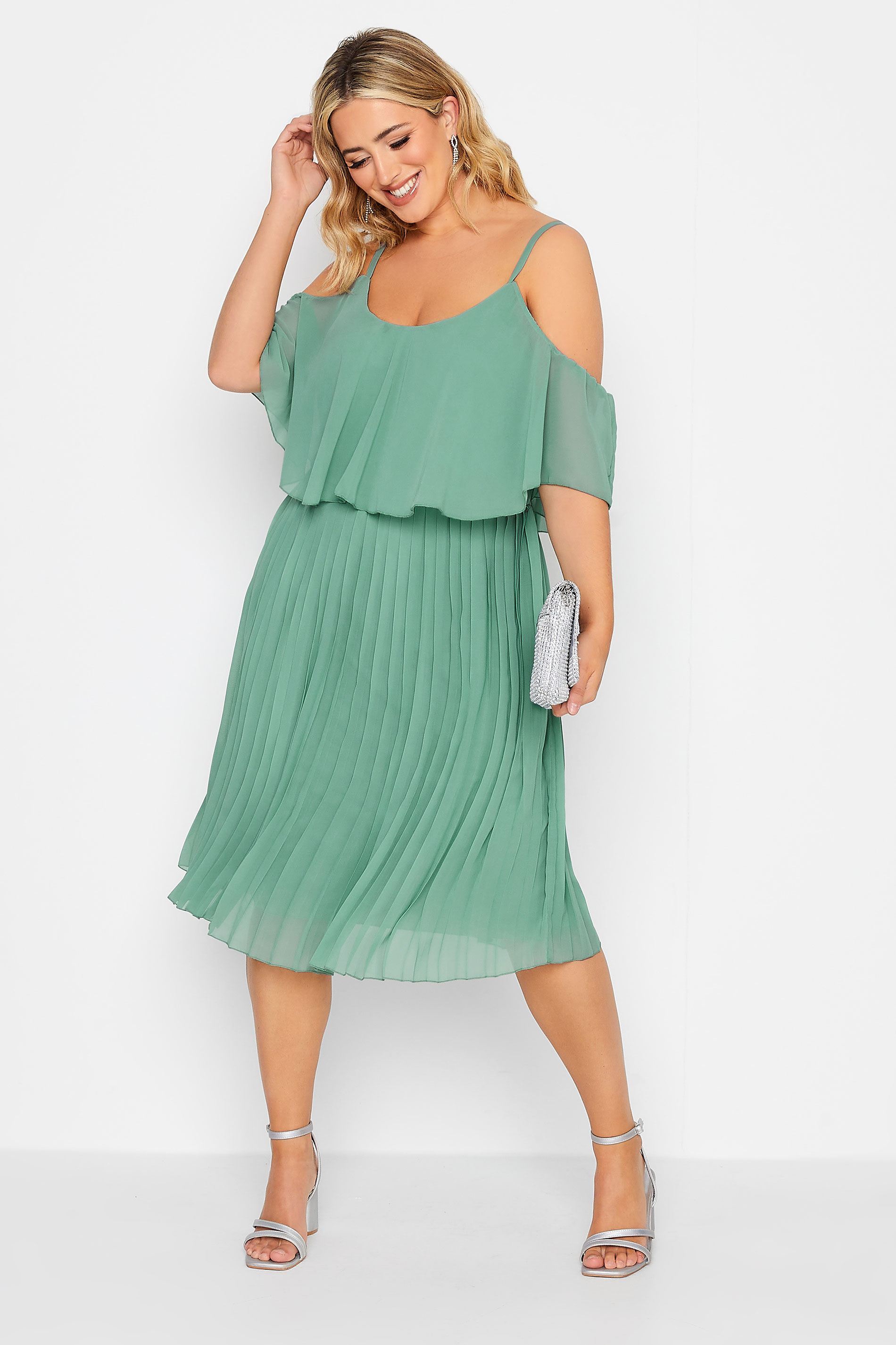 YOURS LONDON Plus Size Green Pleated Overlay Midi Dress | Yours Clothing 2