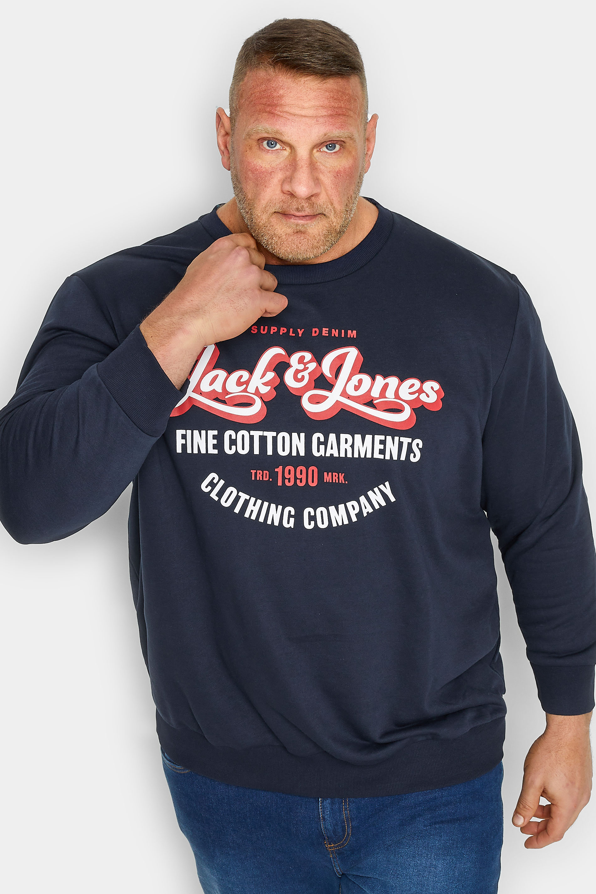 JACK & JONES Big & Tall Navy Blue Logo Print Sweatshirt | BadRhino 1