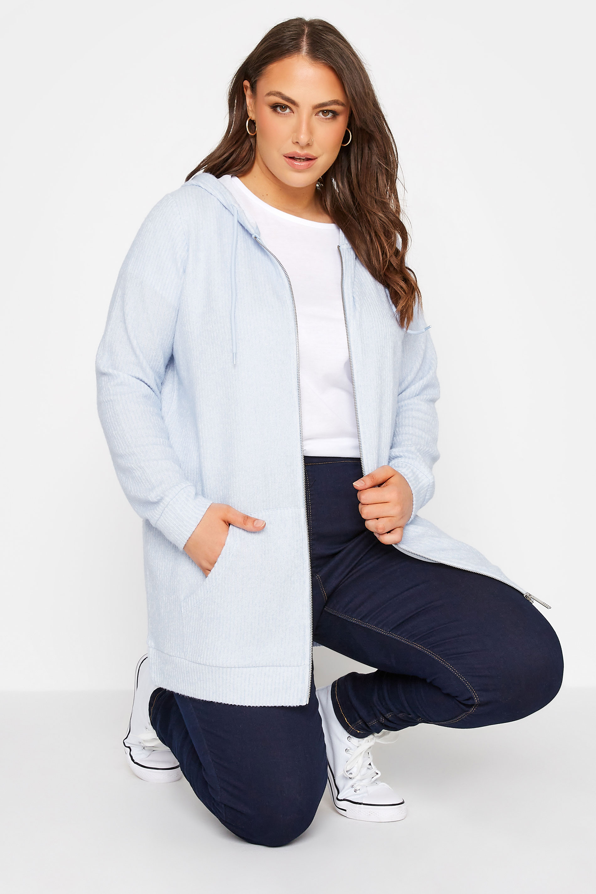 Plus Size Blue Soft Touch Ribbed Zip Through Hoodie | Yours Clothing 1