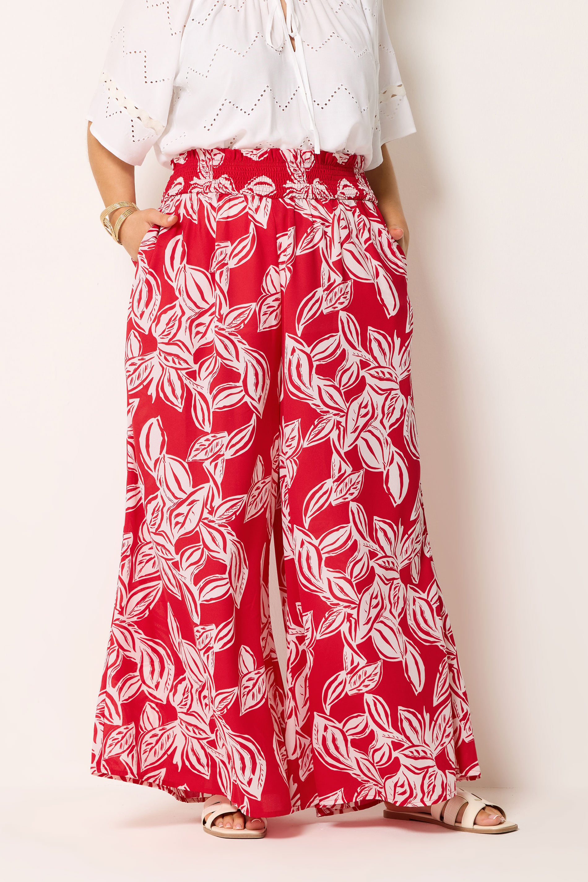 YOURS Plus Size Red Palm Leaf Wide Leg Trousers | Yours Clothing 1