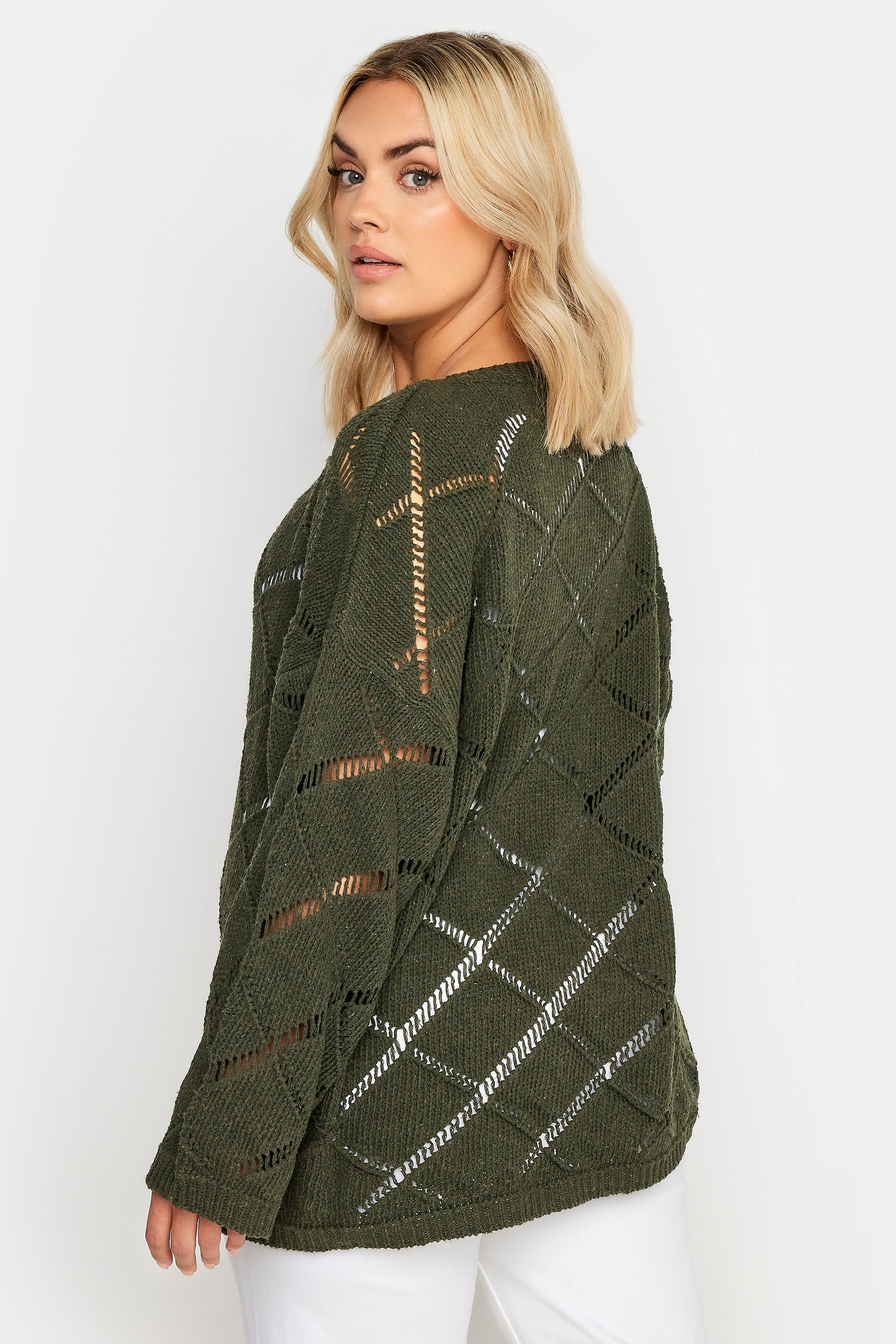 YOURS Plus Size Khaki Green Ladder Stitch Jumper | Yours Clothing  3