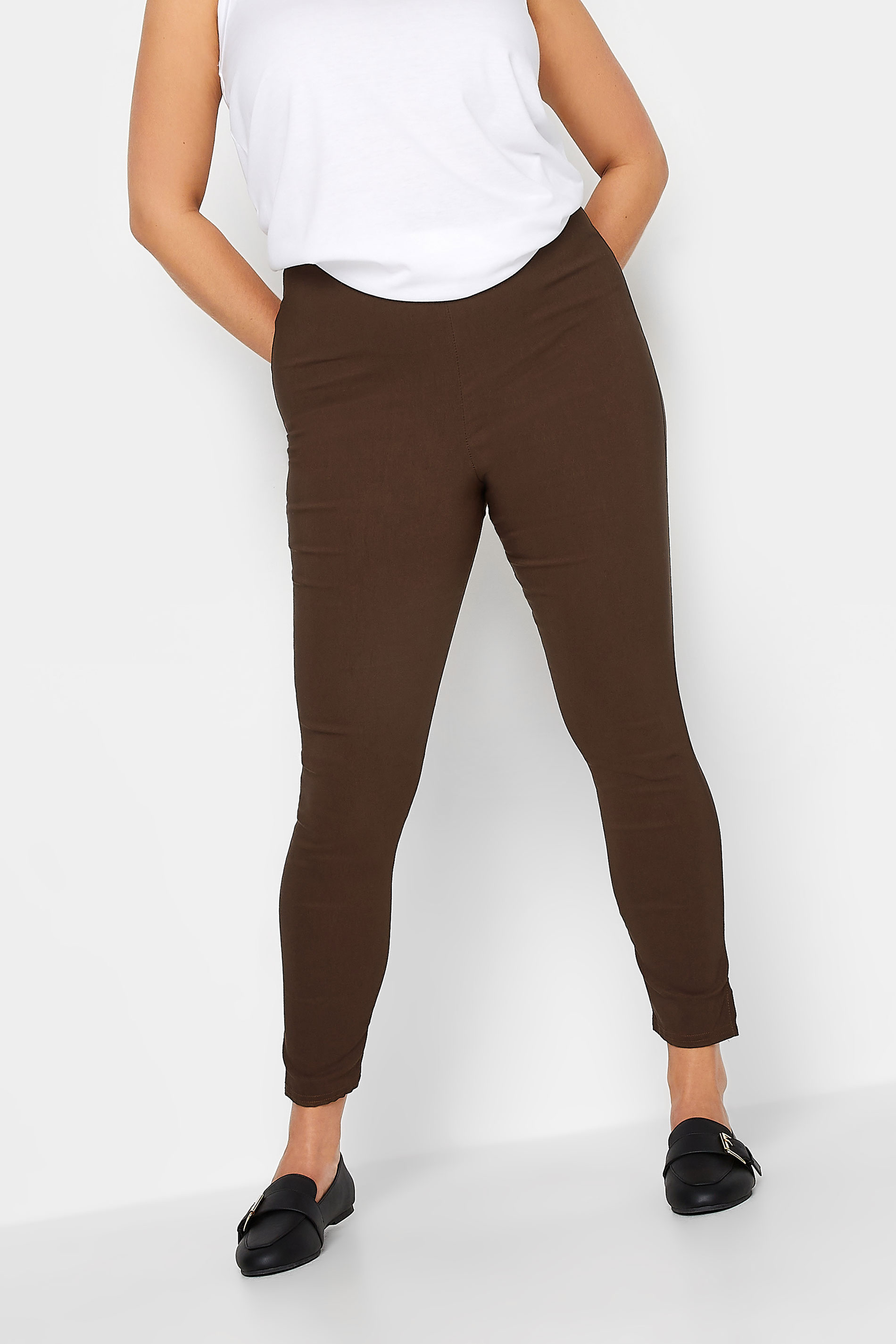 Plus Size Brown Stretch Bengaline Slim Leg Trousers | Yours Clothing 1