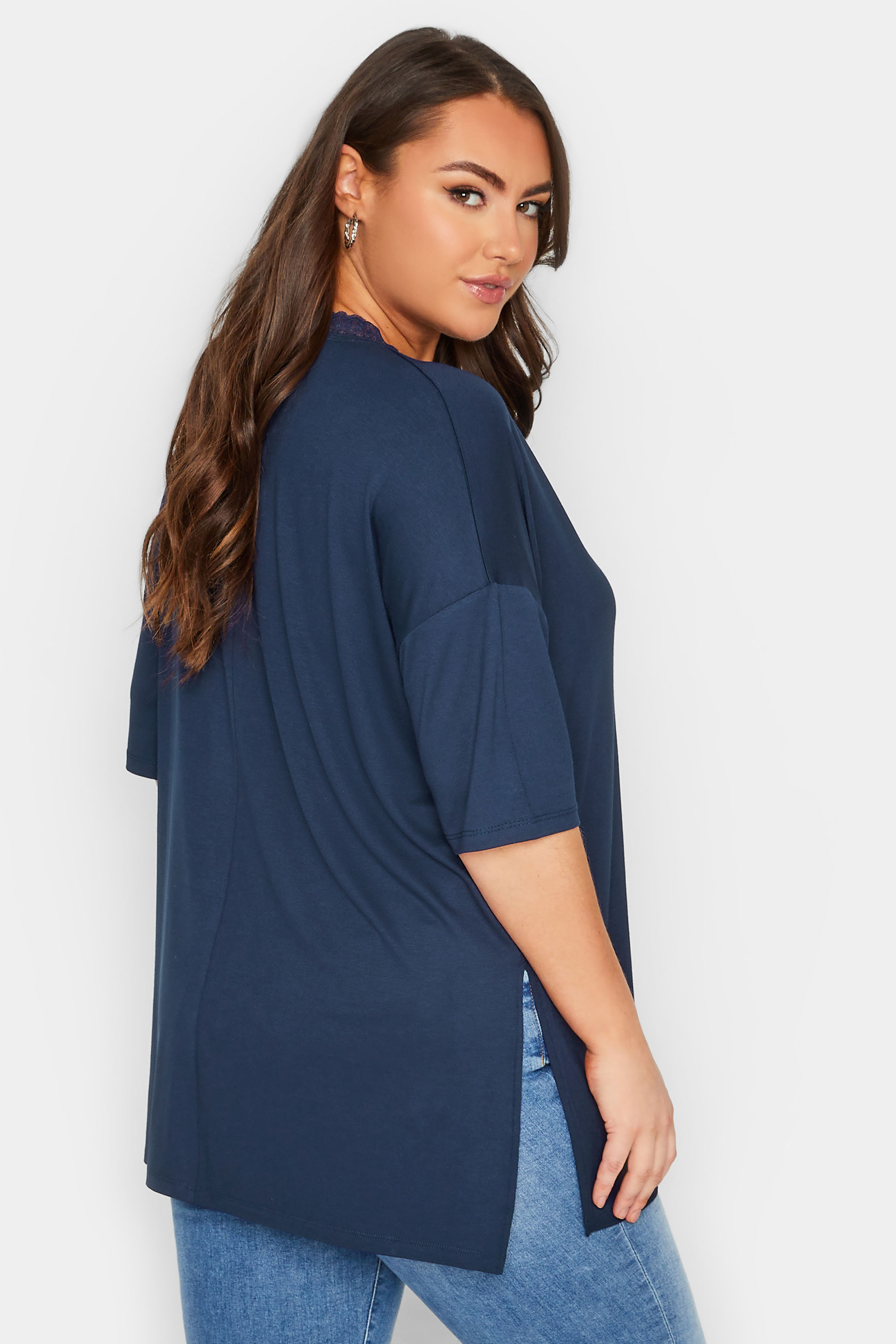 YOURS Plus Size Curve Navy Blue Lace Collar T-Shirt | Yours Clothing  3