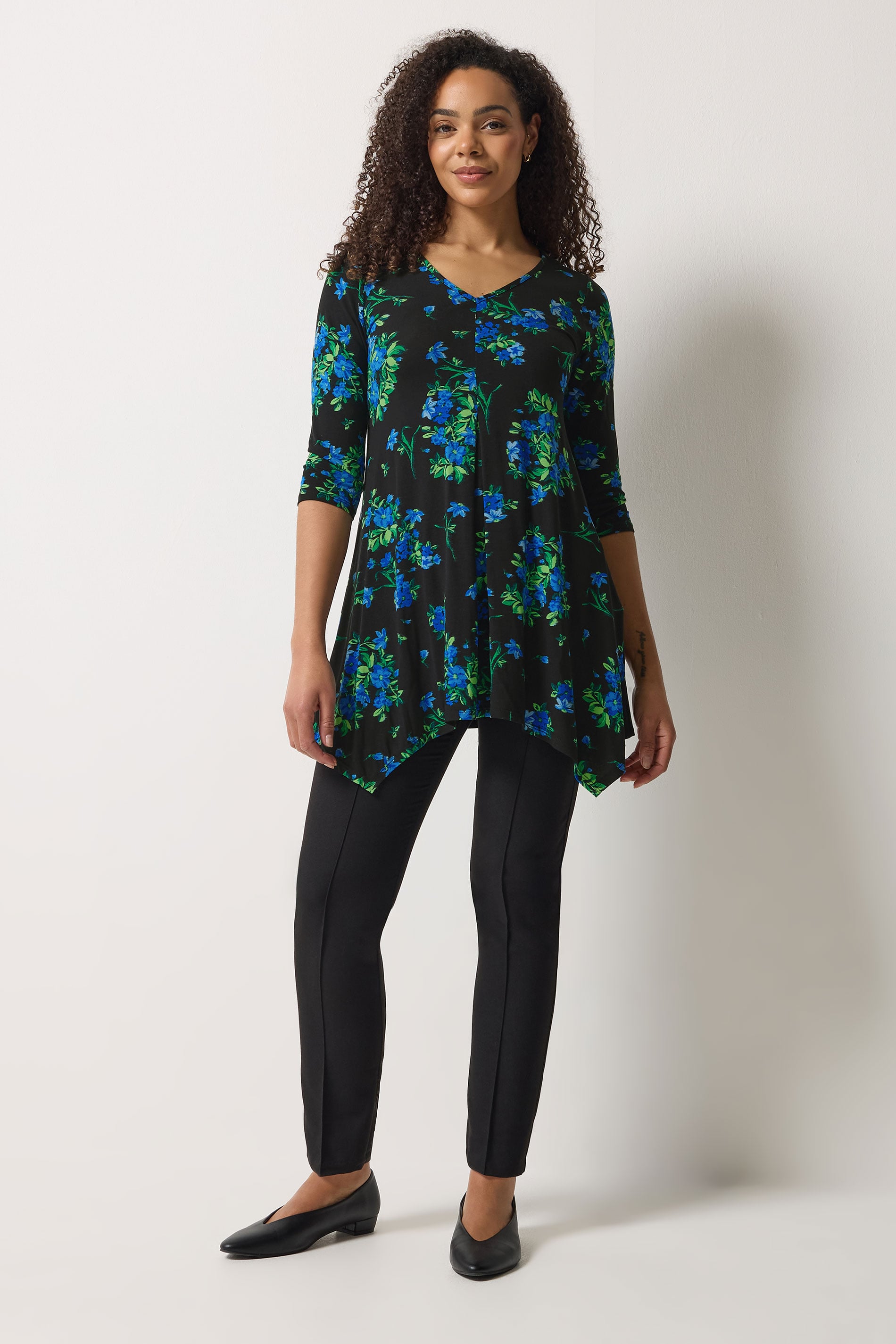M&Co Black Floral Hanky Hem Top | M&Co 1