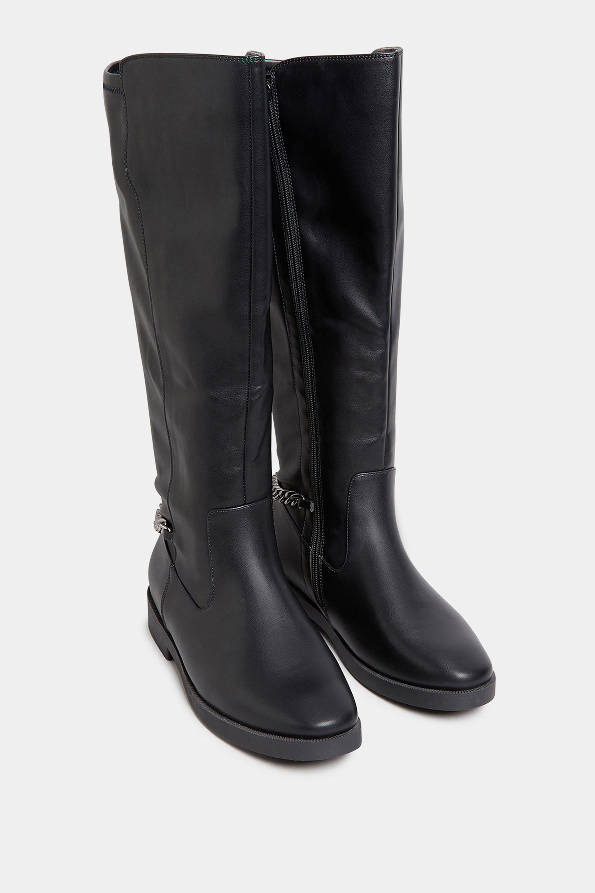 Curve Black Knee High Chain Detail Boots In Wide E Fit & Extra Wide EEE Fit  2