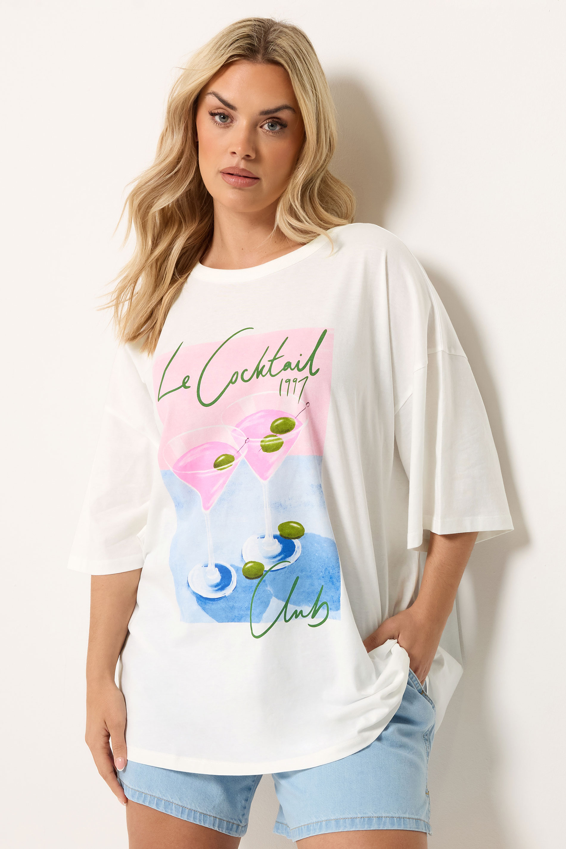 YOURS Plus Size Ivory White 'Le Cocktail' Boxy T-Shirt | Yours Clothing 3