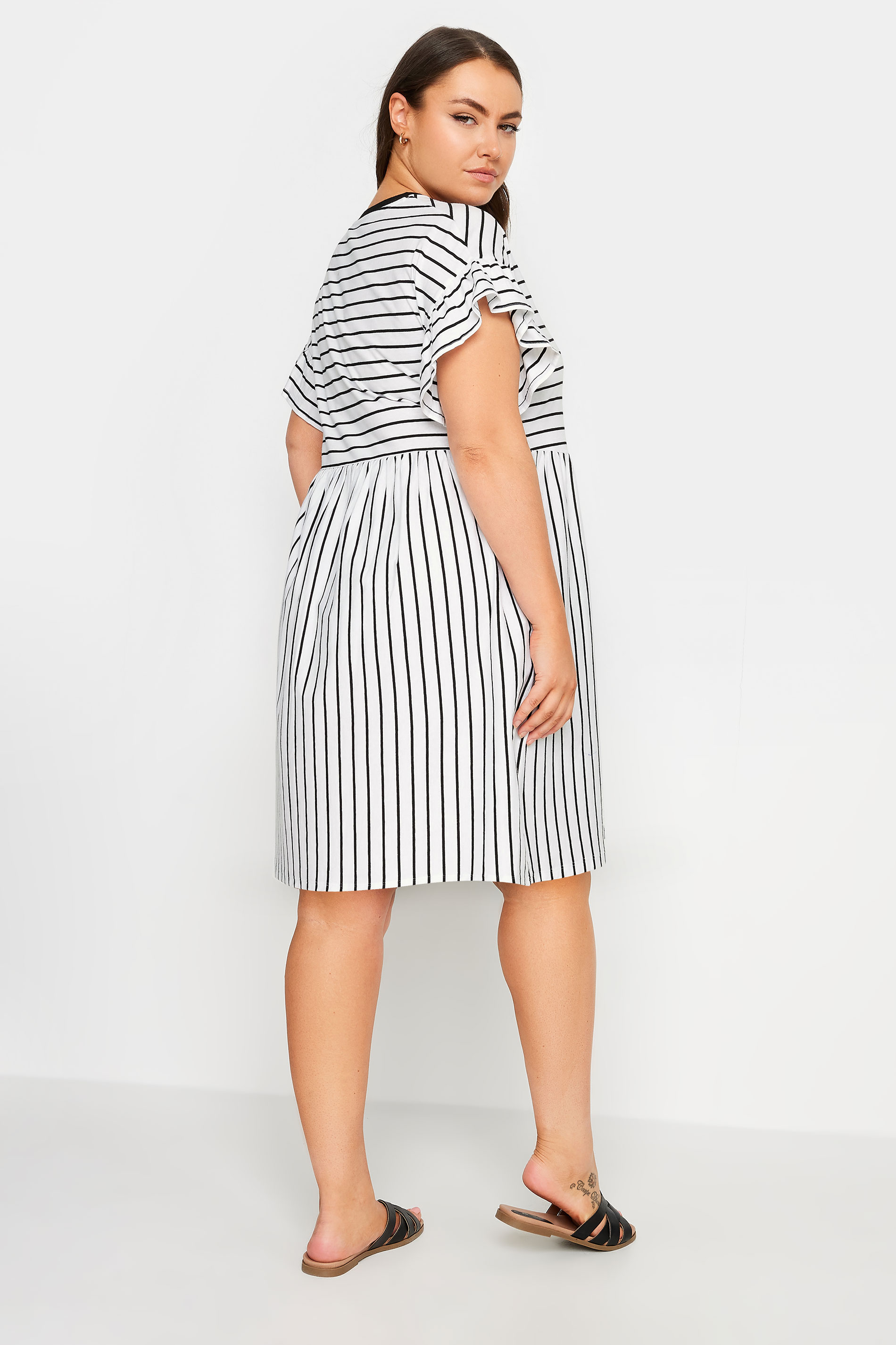 YOURS Plus Size Black & White Stripe Frill Sleeve Smock Tunic Dress | Yours Clothing 3